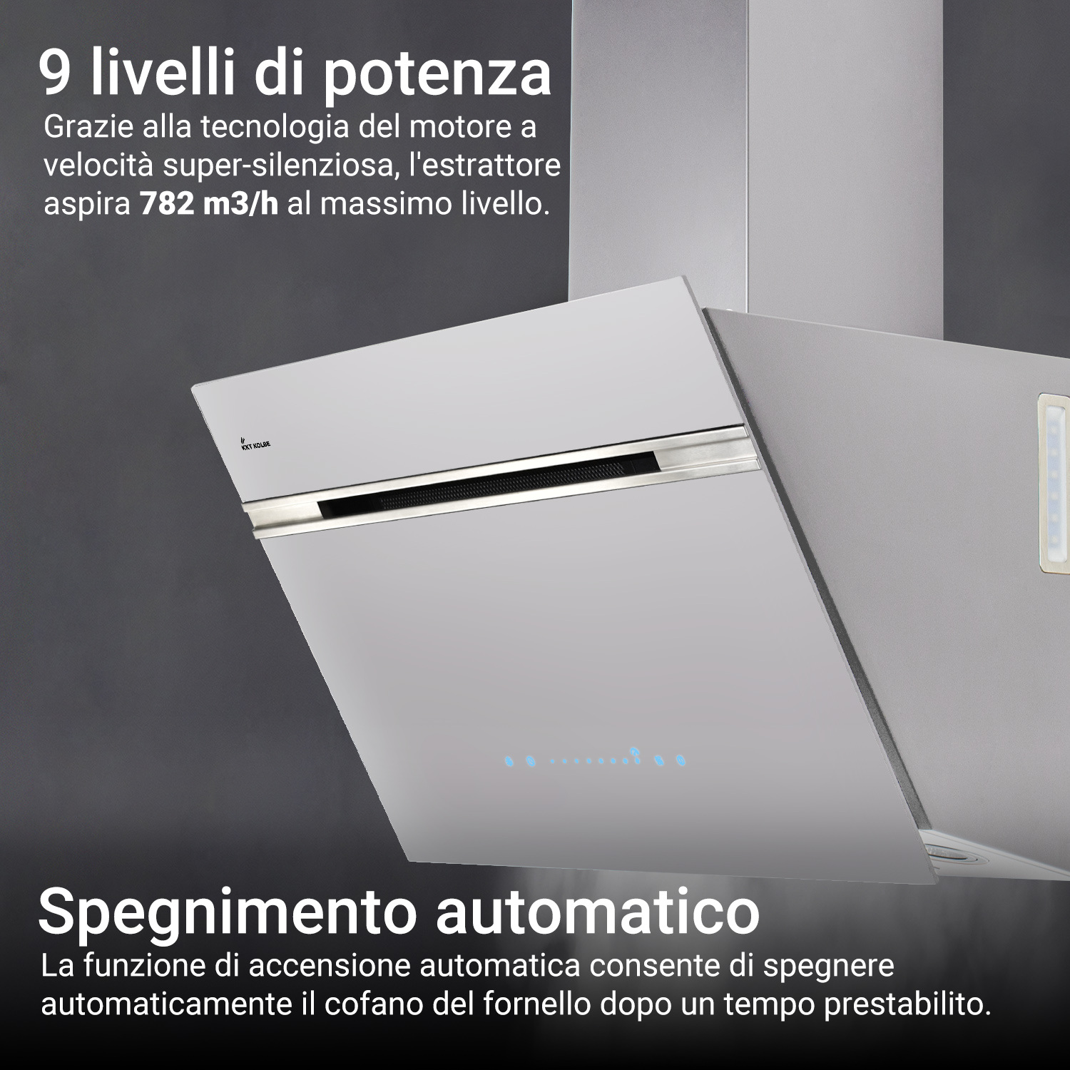 Moderna cappa da cucina grigia a parete con testo.