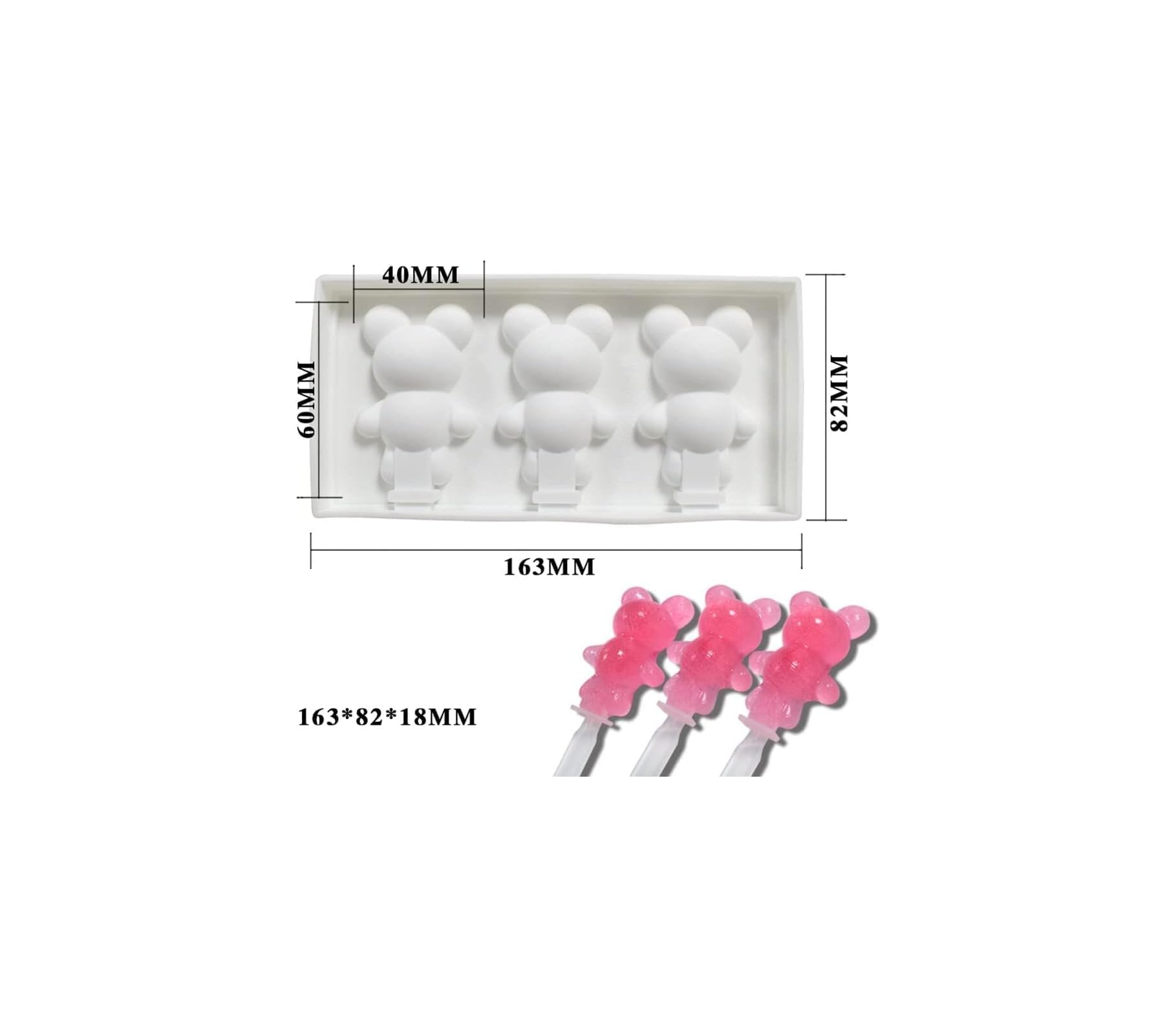Weiße Silikonform für drei Bärendunst-Eis am Stil mit Maßen und drei rosa Bären-Eis am Stil darunter.