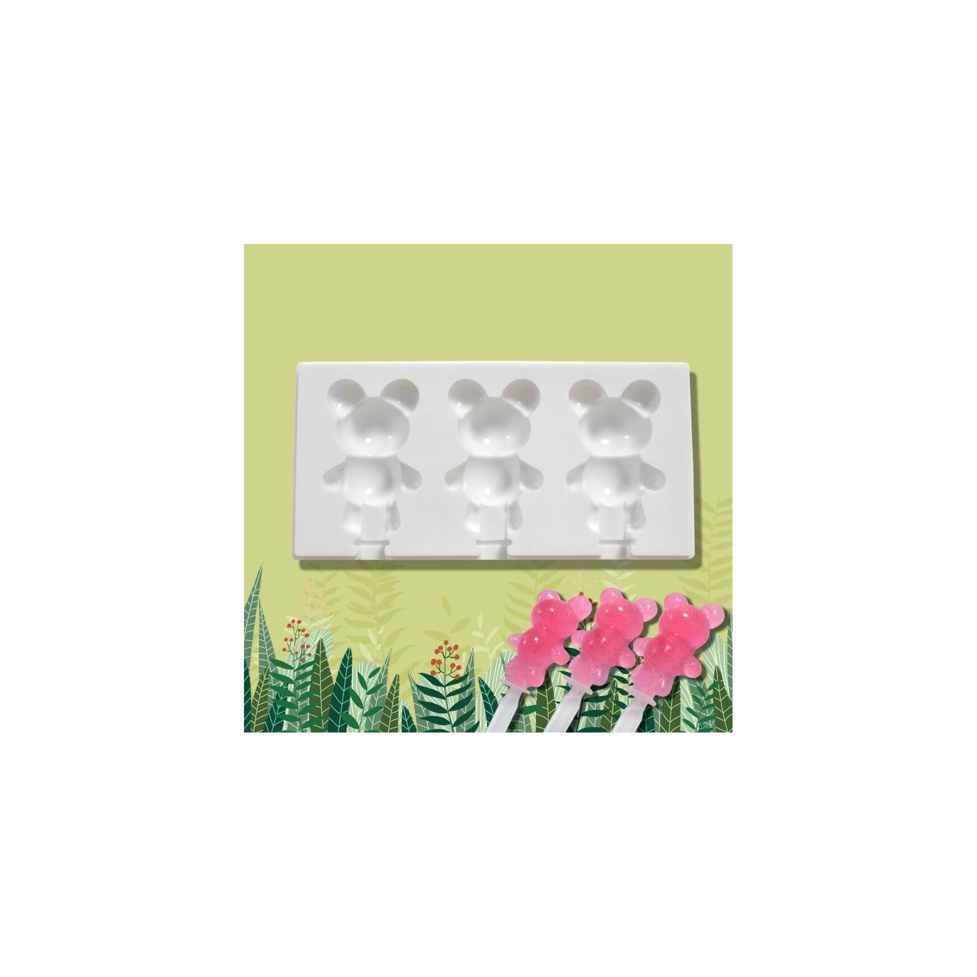 Weiße Bären-Eisform mit drei rosa Bären-Eis am Stiel vor einem grünen Blätterhintergrund.