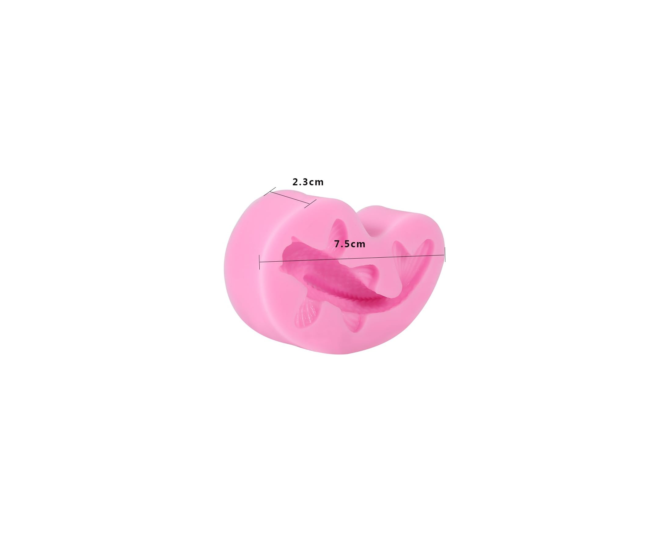 Rosa Silikonform mit Koi-Fisch-Motiv, Maße 7,5cm Länge und 2,3cm Breite, isoliert auf weißem Hintergrund.
