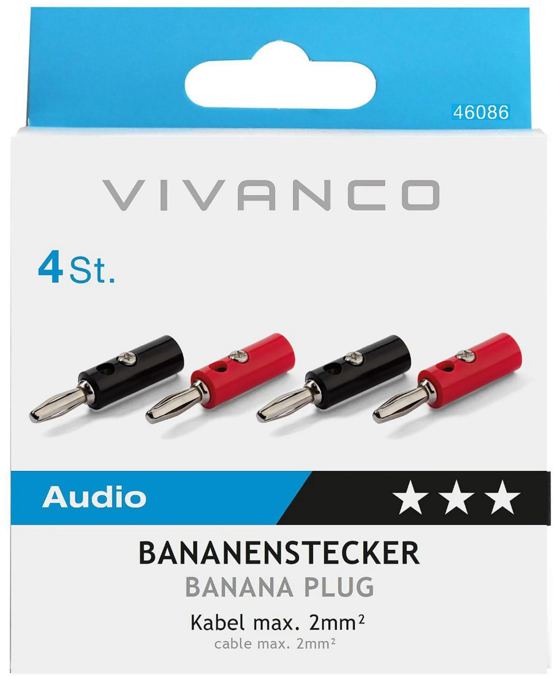 Embalaje con cuatro conectores banana Vivanco en negro y rojo para cables de audio de hasta 2 mm².