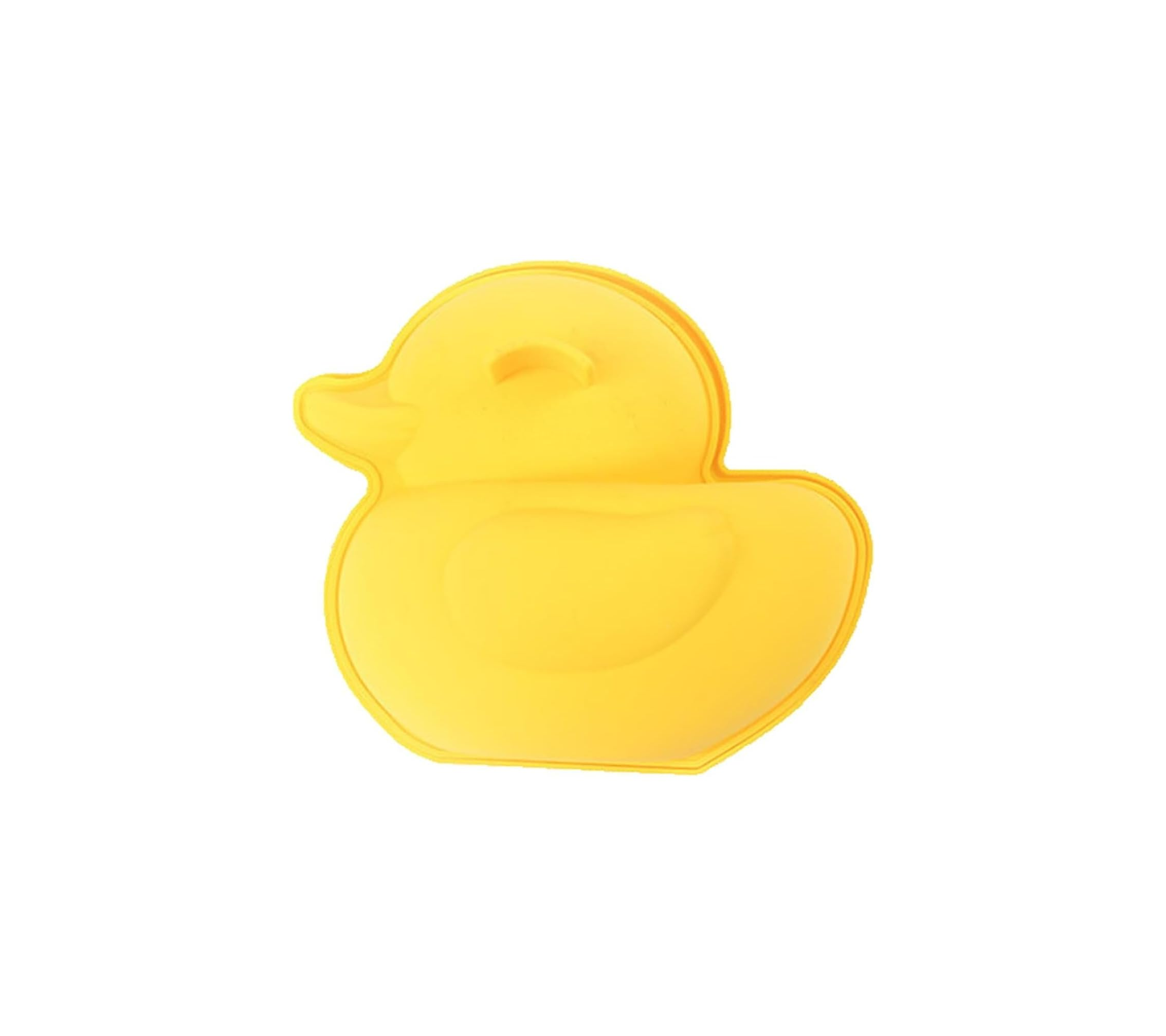 Eine gelbe Silikon-Backform in Form einer süßen Ente auf weißem Hintergrund.