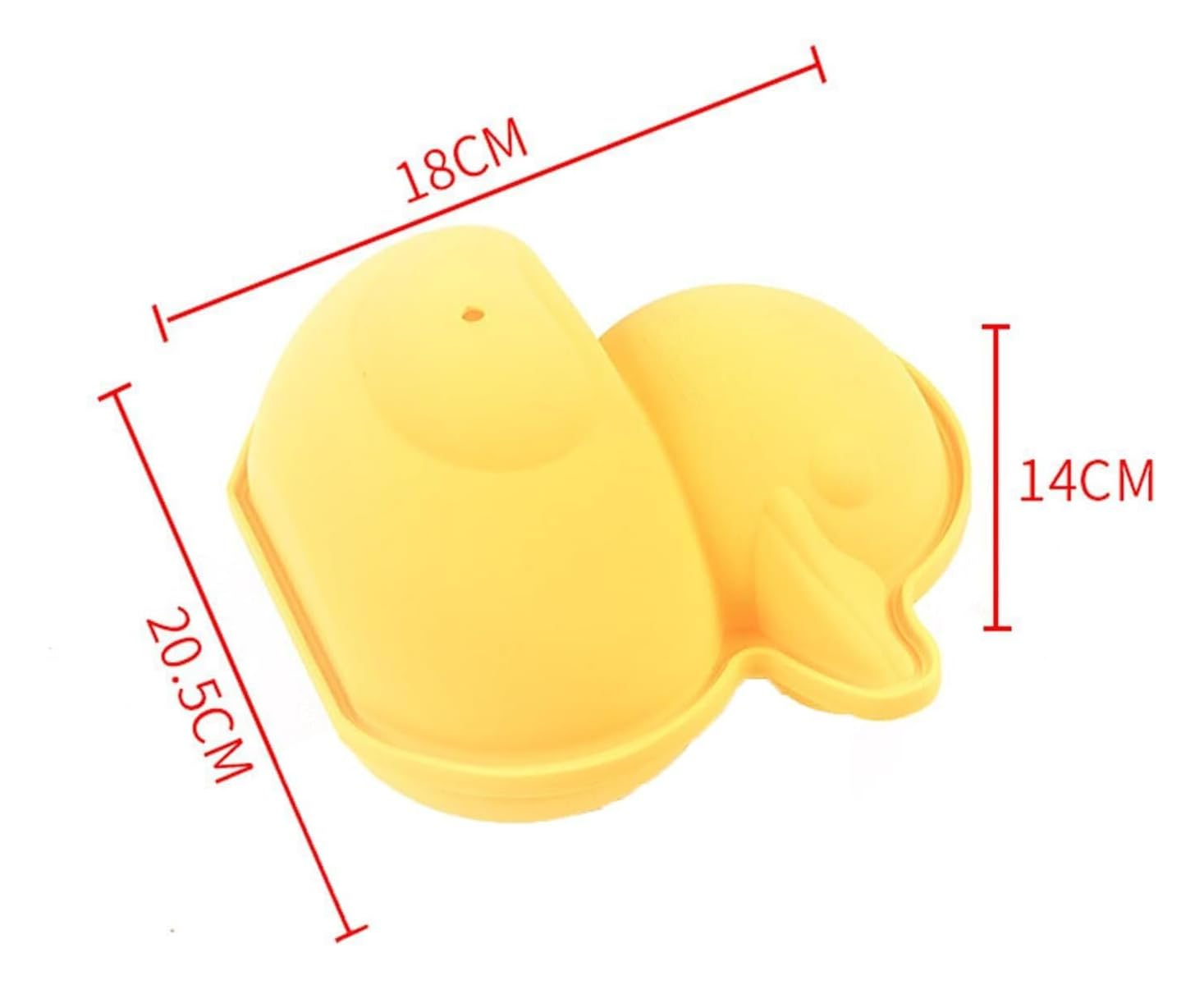 Gelbe Silikonbackform in Entenform mit Maßen von 18 cm, 14 cm und 20.5 cm.