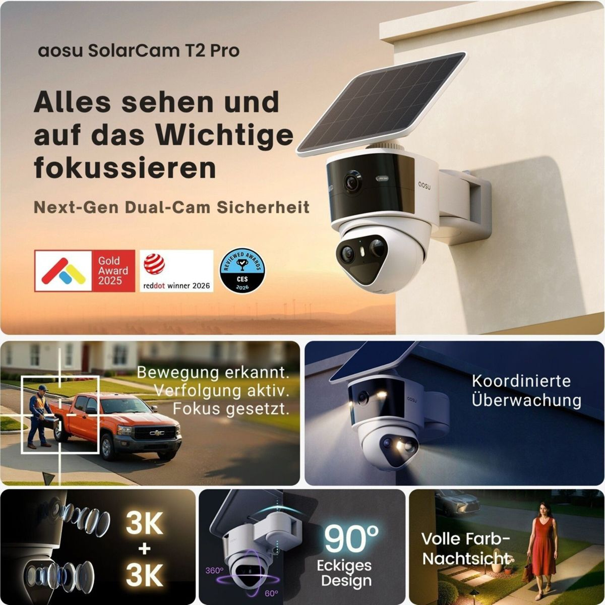 Aosu SolarCam T2 Pro mit Solarmodul, Dual-Cam-Sicherheit, 3K-Auflösung und Bewegungserkennung.