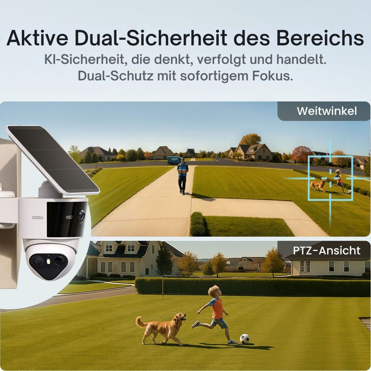 Eine solarbetriebene Überwachungskamera zeigt Weitwinkel- und Nahaufnahmen einer Nachbarschaft mit Kind und Hund.