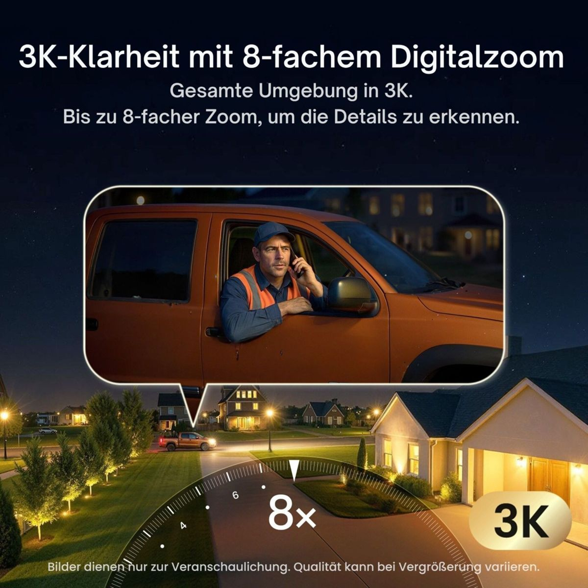 Nachtaufnahme eines Hauses und Autos mit einer eingeblendeten 8x-Zoomansicht und 3K-Klarheit.