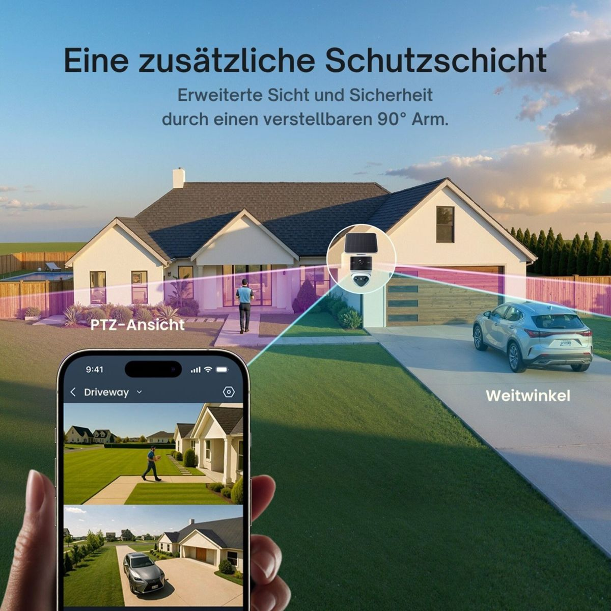 Überwachungskamera am Haus mit Smartphone-Ansicht und Weitwinkel.