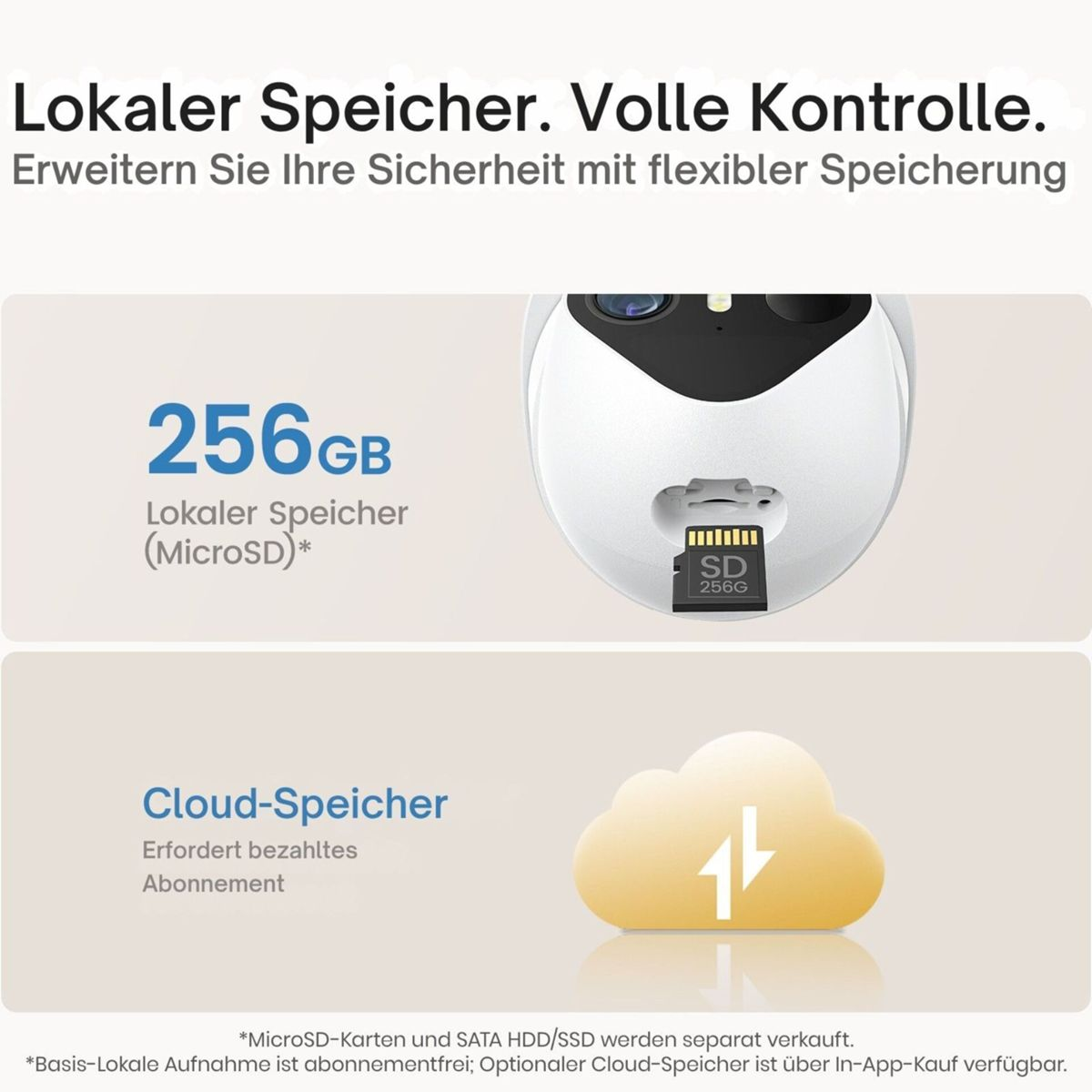 Grafik zeigt lokale 256GB MicroSD-Speicherkarte und Cloud-Speicheroptionen für eine Sicherheitskamera.