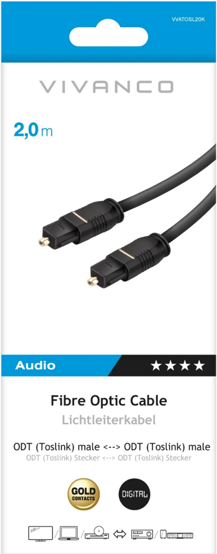 Cable de fibra óptica Vivanco de 2,0 m con conectores Toslink en embalaje blanco.