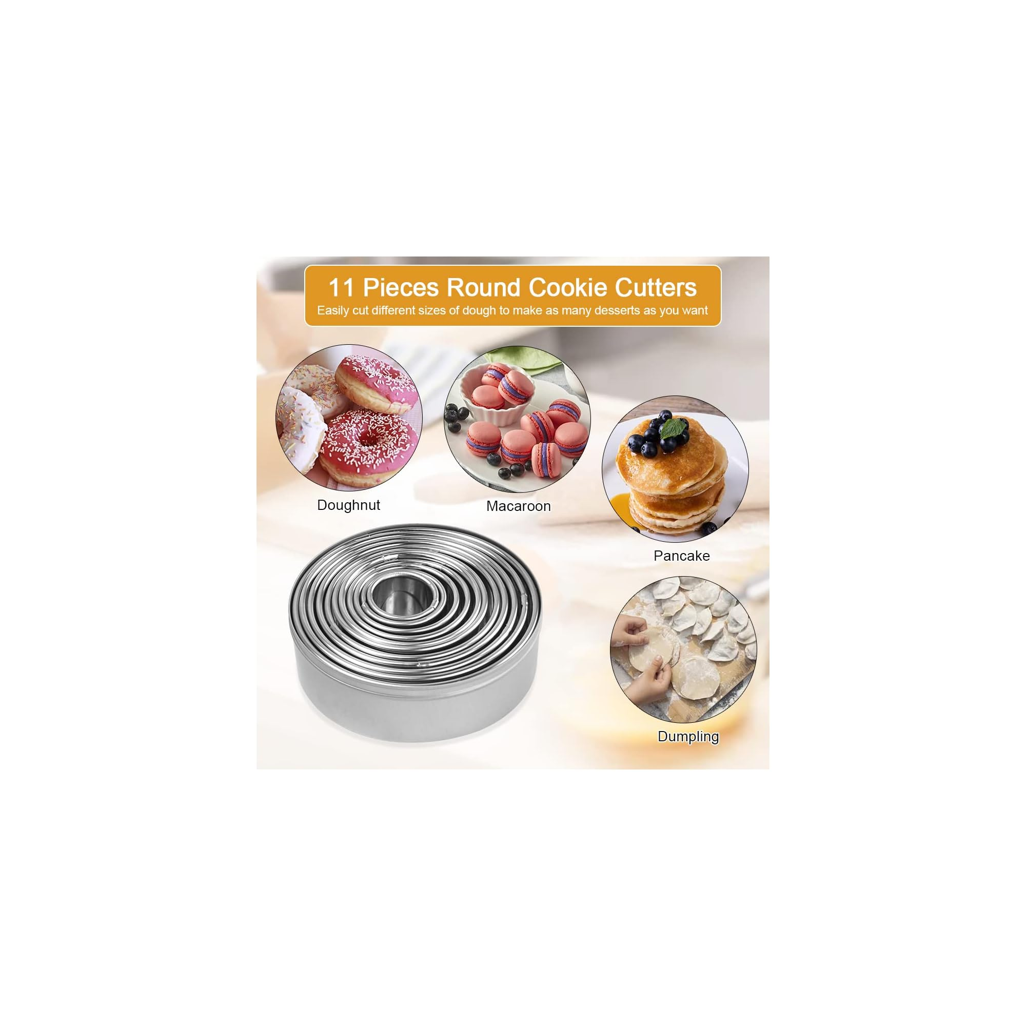 Set mit 11 runden Edelstahl-Keksausstechern mit Anwendungsbeispielen für Donuts, Macarons, Pfannkuchen und Teigtaschen.