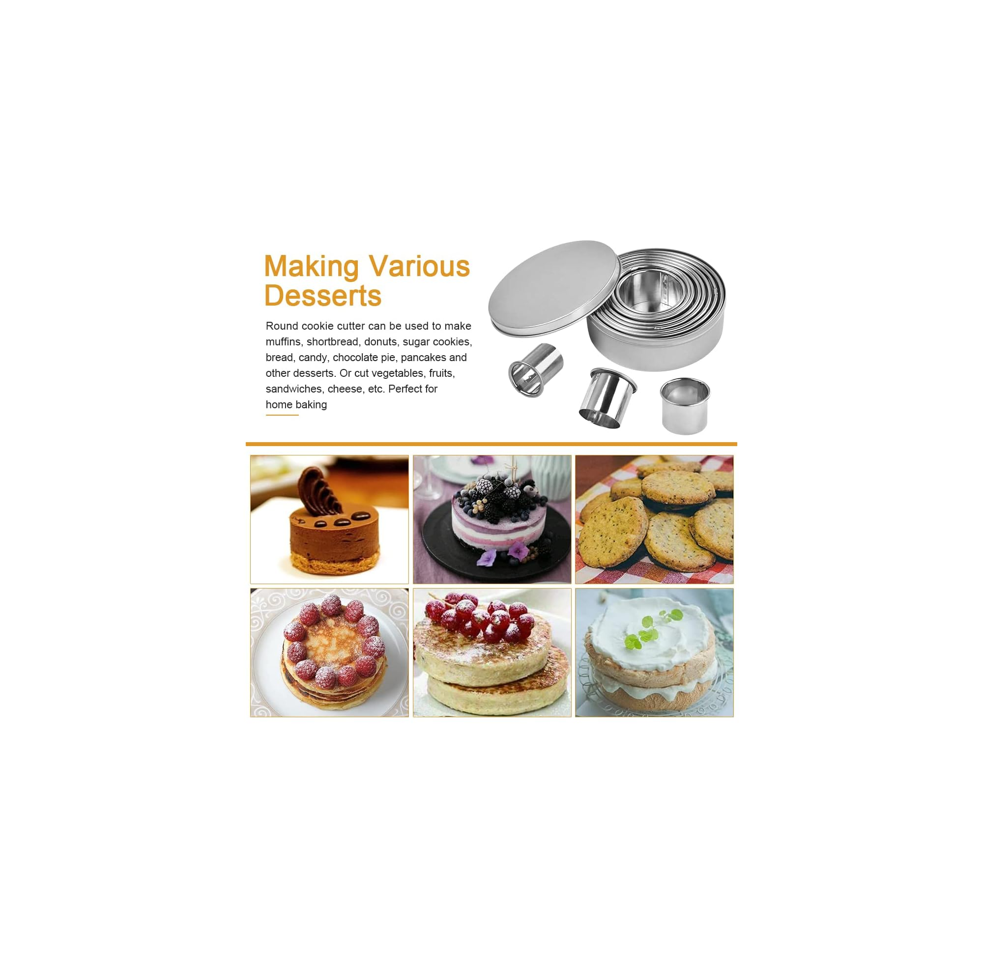 Verschiedene runde Keksausstecher und dazugehörige Desserts wie Kuchen und Pfannkuchen.