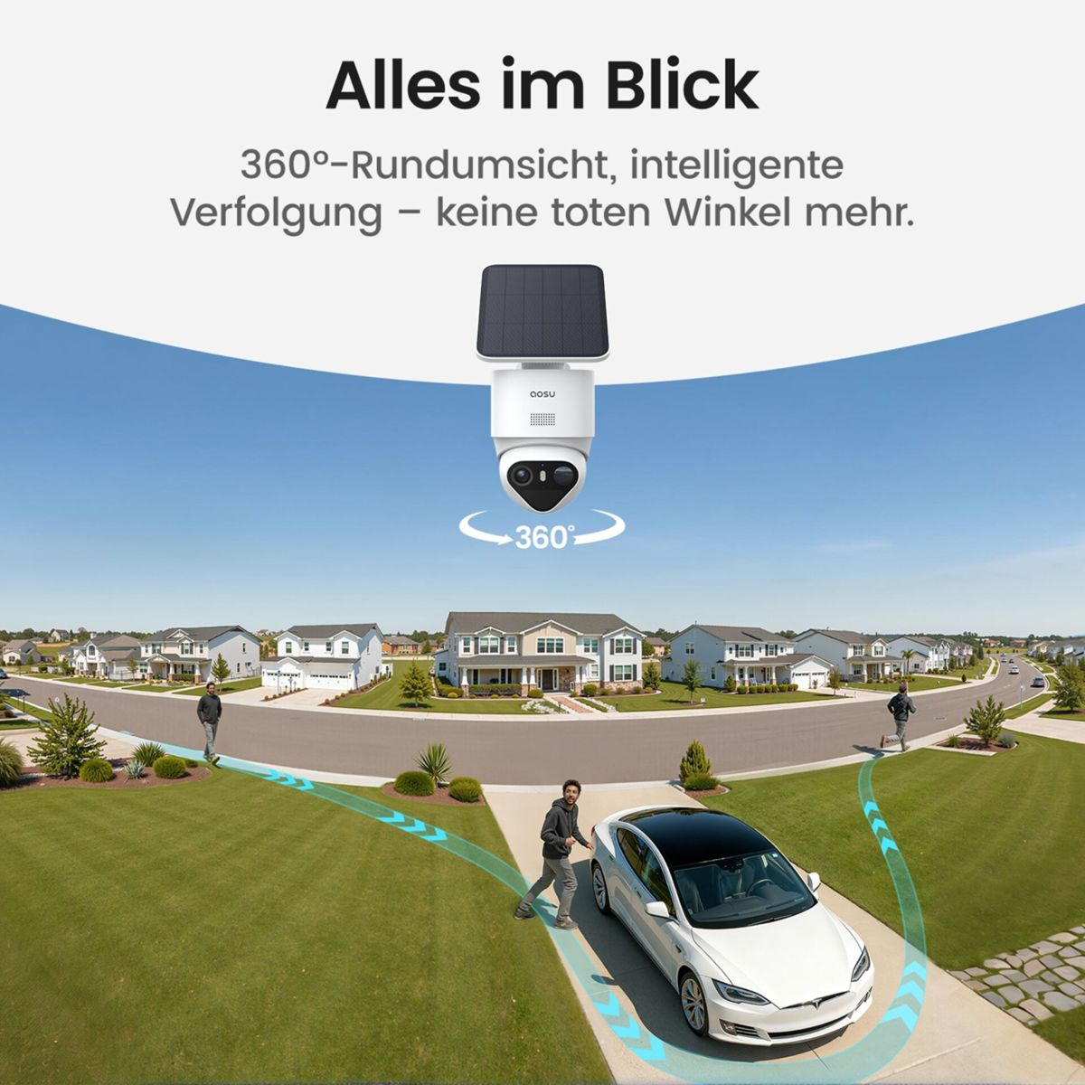 Überwachungskamera mit Solarpanel zeigt 360-Grad-Ansicht eines Wohngebiets mit Personen und einem Auto.