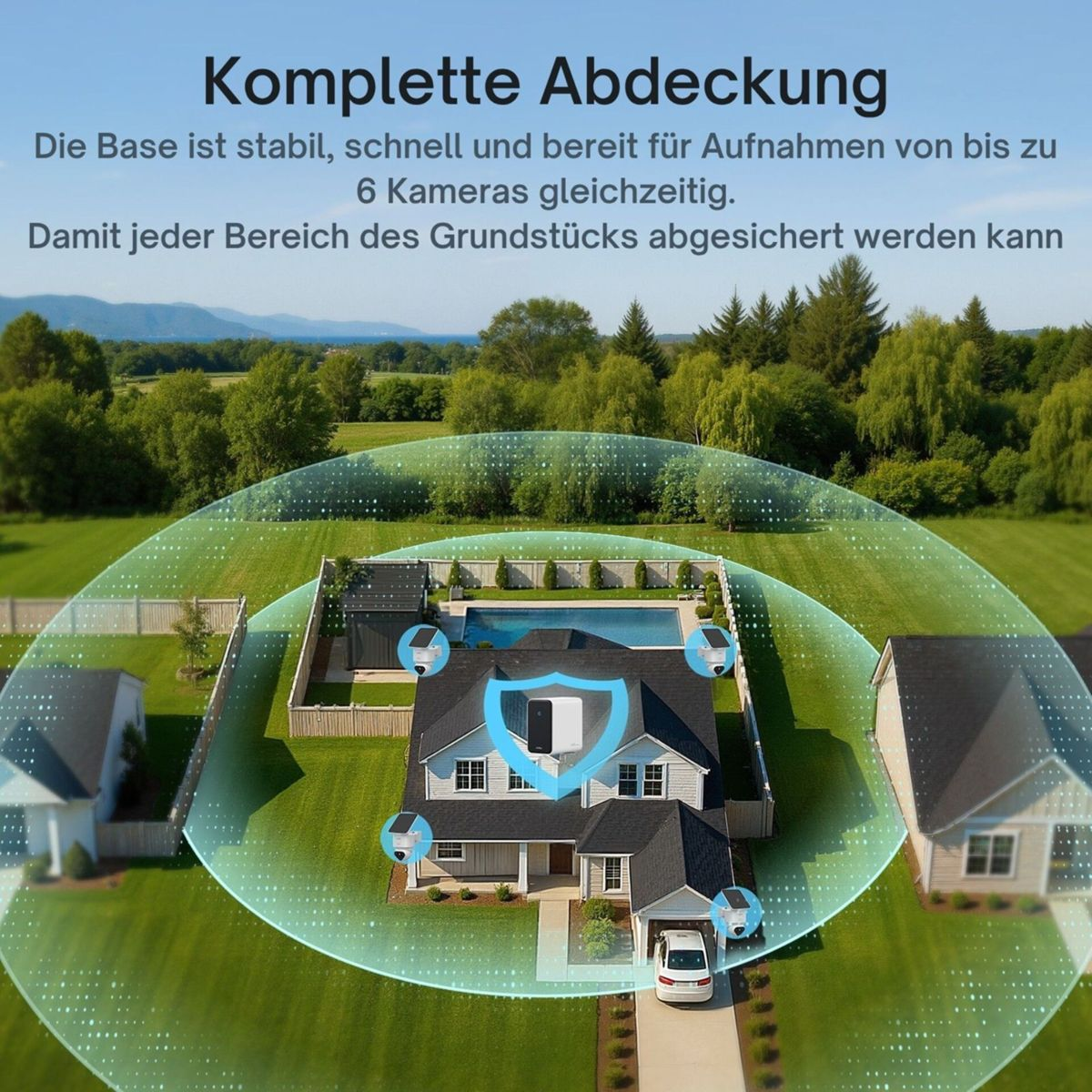 Haus mit Pool in einer grünen Landschaft, umgeben von einem digitalen Sicherheitsfeld und Kameras.