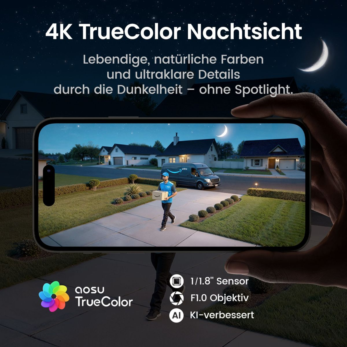 Smartphone zeigt nächtliche Farbszene mit Lieferanten auf Vorortstraße.