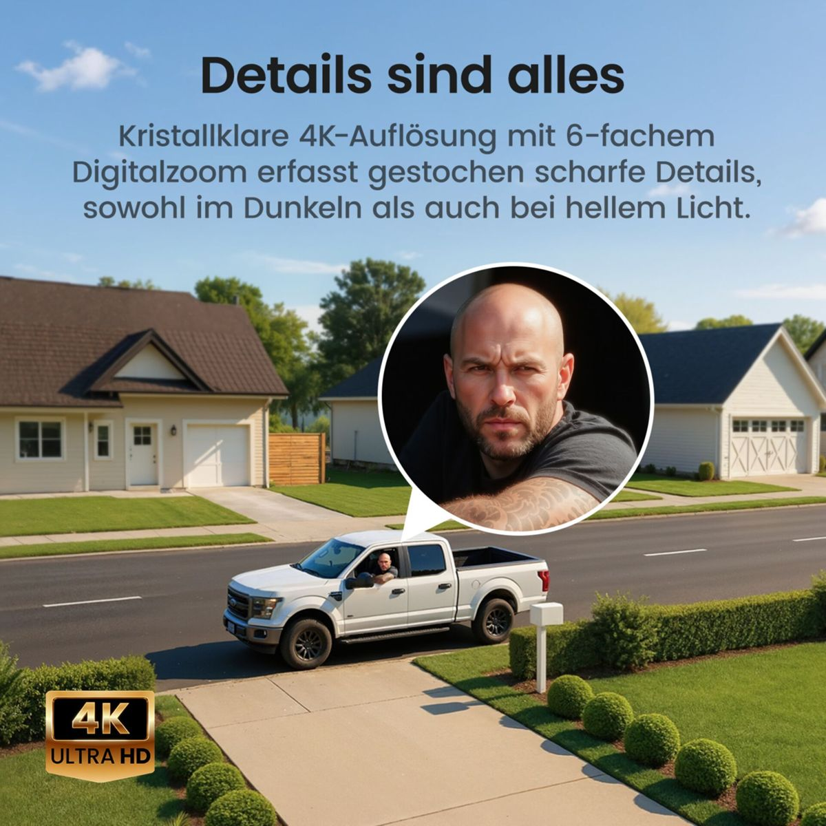 Ein weißer Pickup auf einer Straße mit einem Kreis, der den Fahrer nah zeigt, vor Häusern.