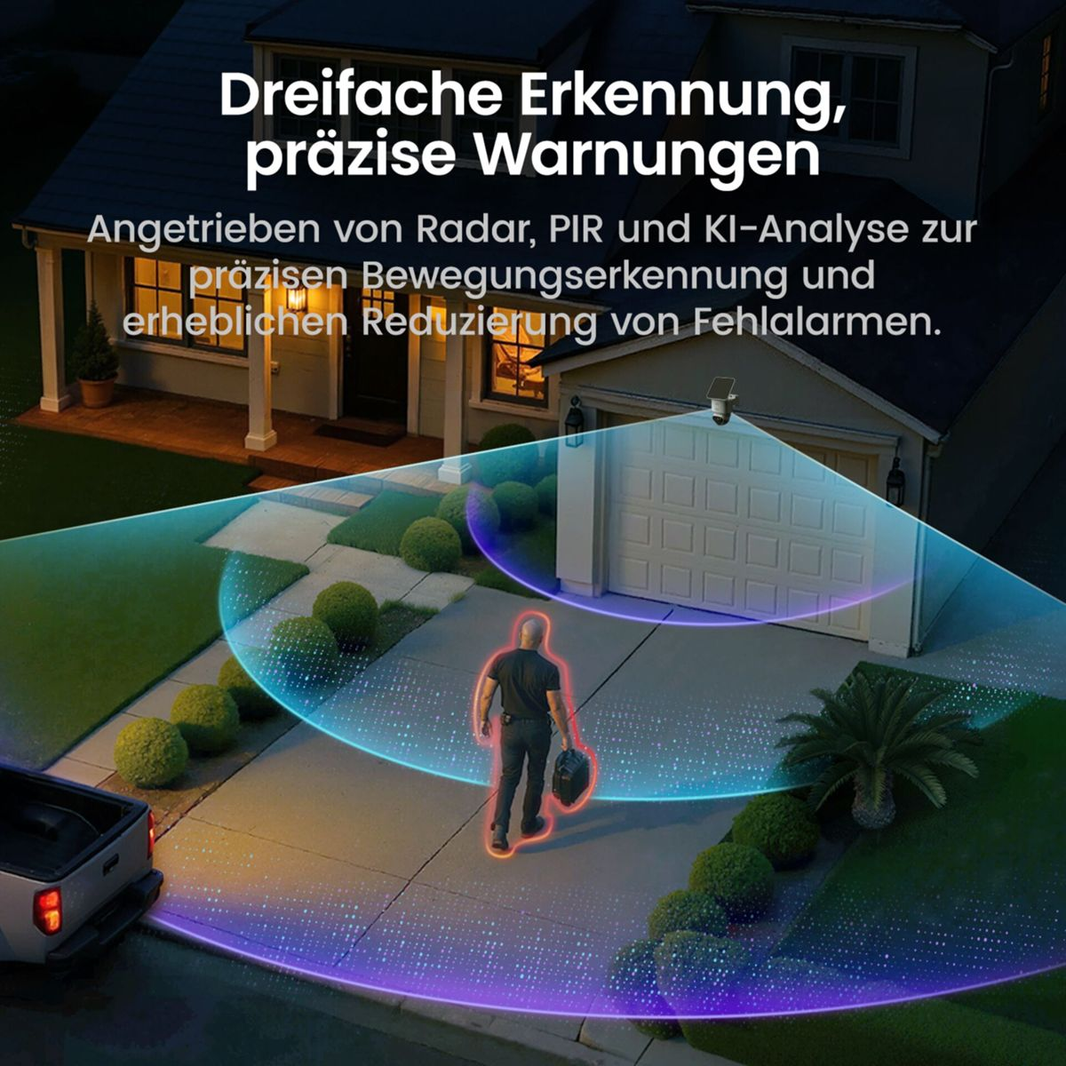 Eine Überwachungskamera scannt eine Einfahrt mit blauen Lichtwellen und erfasst eine Person mit Koffer vor einem Haus.