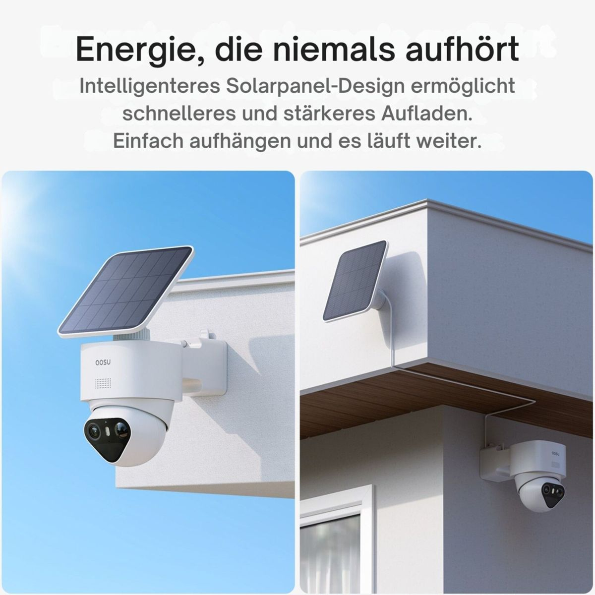 Werbebild für eine weiße Sicherheitskamera mit montiertem Solarpanel an einer Hauswand unter blauem Himmel.