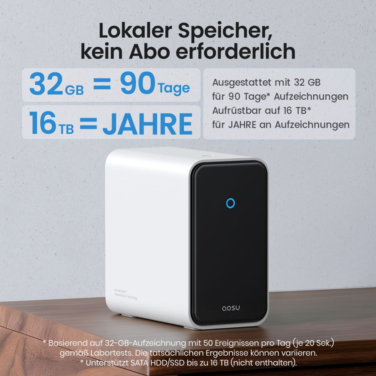 Ein weißer aosu Speicher auf Holz, Text beschreibt lokalen Speicher ohne Abo mit 32GB und 16TB Optionen.