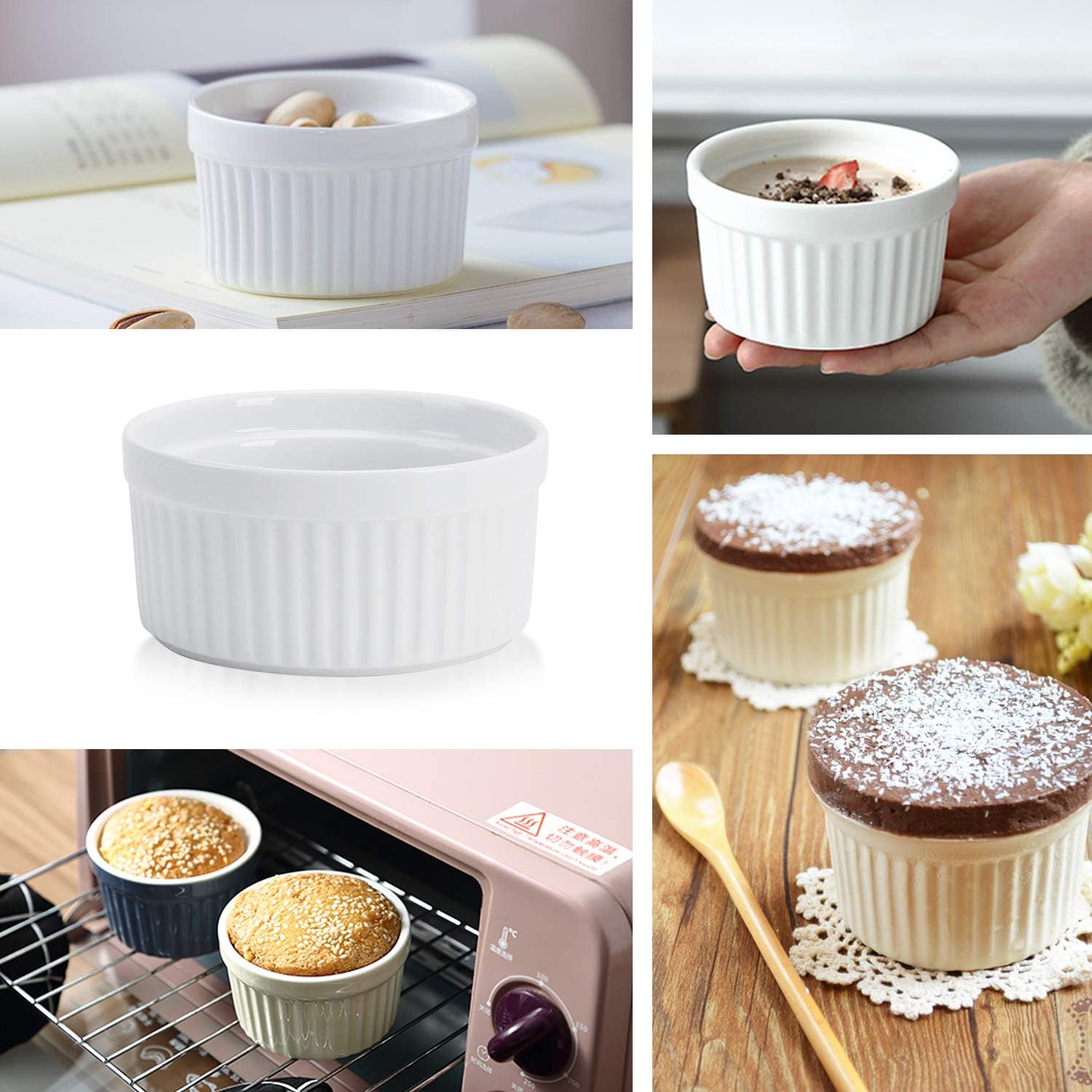 Verschiedene Ansichten weißer Riegelkeramik-Förmchen mit gebackenem Essen, Desserts und Nüssen auf Tischen.