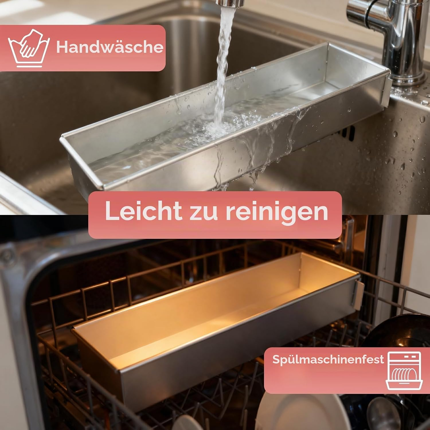 Eine Kastenform wird im Waschbecken mit Wasser abgespült und steht alternativ in der geöffneten Spülmaschine.