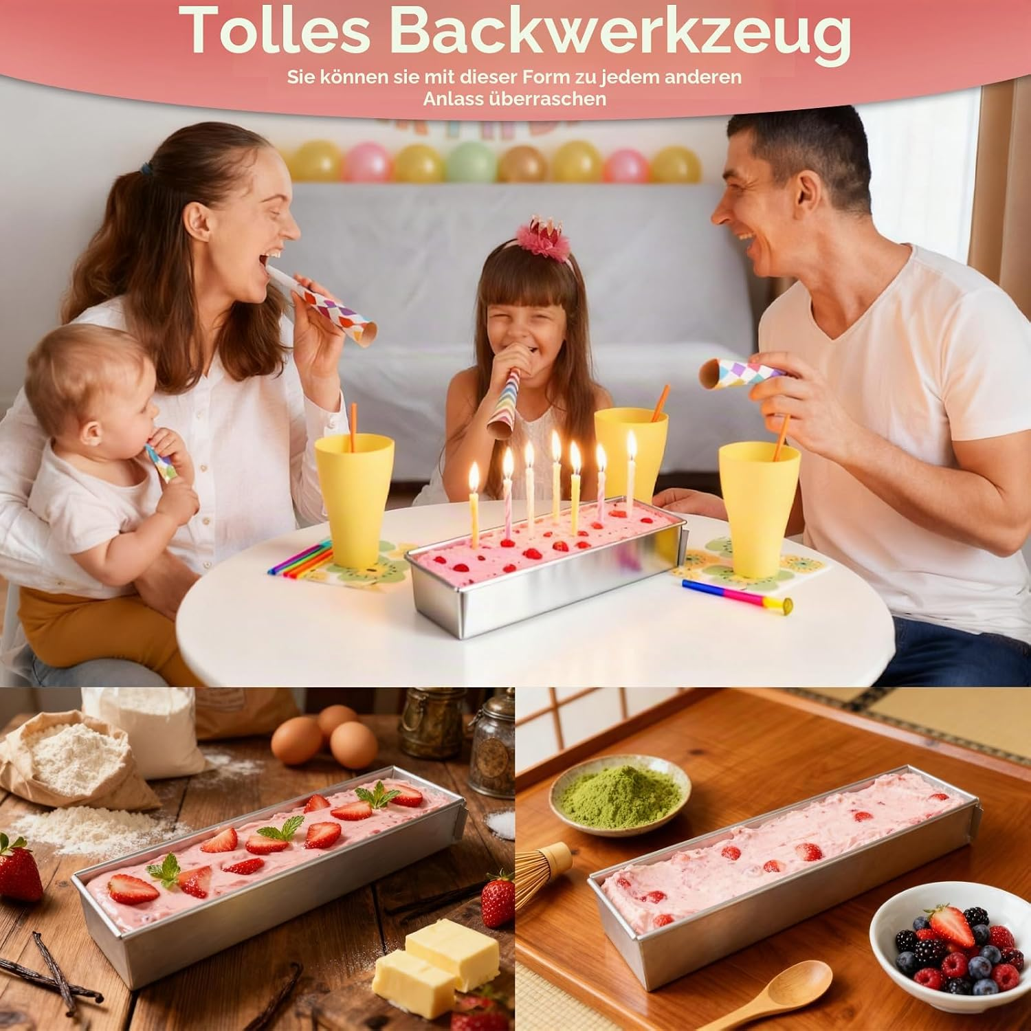 Familie feiert am Tisch mit Kuchen und Kerzen, unten Backbilder mit Kuchen, Erdbeeren und Mehl.