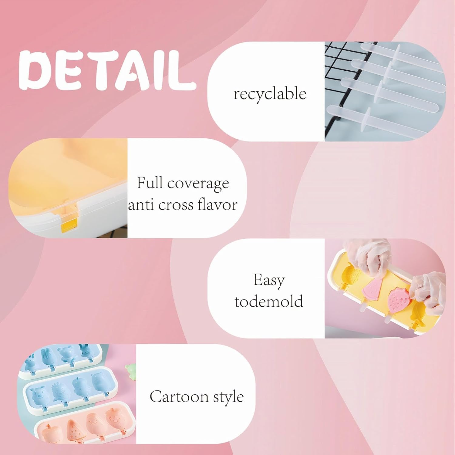 Infografik zeigt Eis am Stiel Formen mit Details zu recycelbar, Schutz, einfache Entformung und Cartoon-Stil.