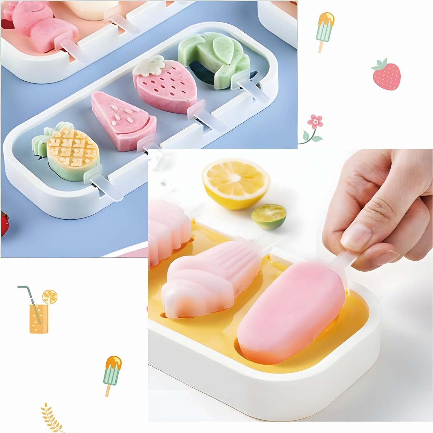 Bunte Eis am Stiel in Formen mit Früchten und einer Hand, die ein Eis herauszieht.