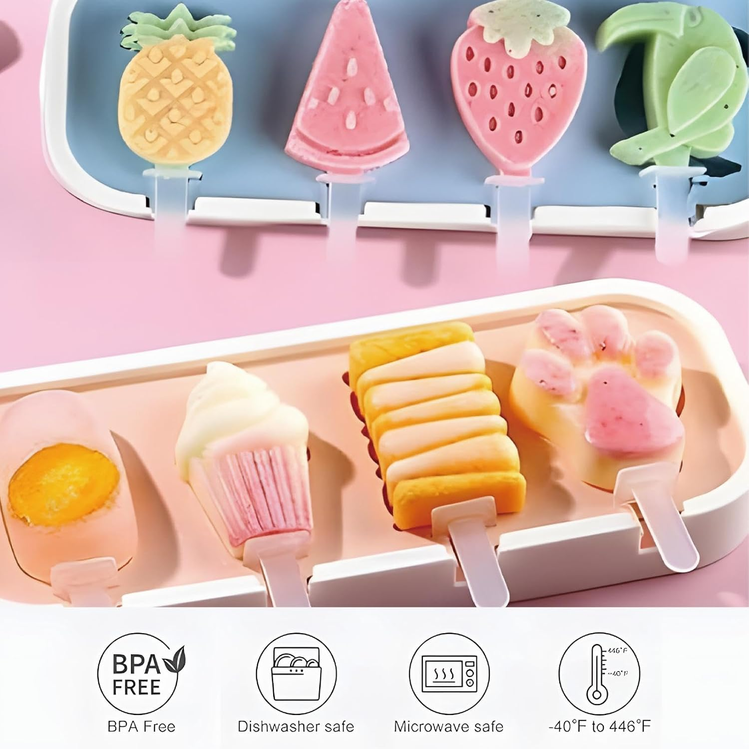 Bunte Frucht- und Dessert-Eis am Stil in Formen mit Symbolen für BPA-frei, Spülmaschine, Mikrowelle und Temperaturbereich.