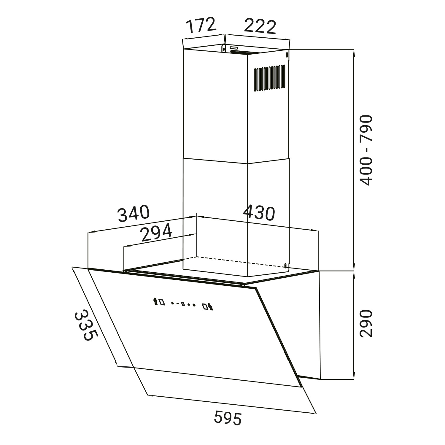 Disegno tecnico di una moderna cappa da cucina con dimensioni in millimetri.