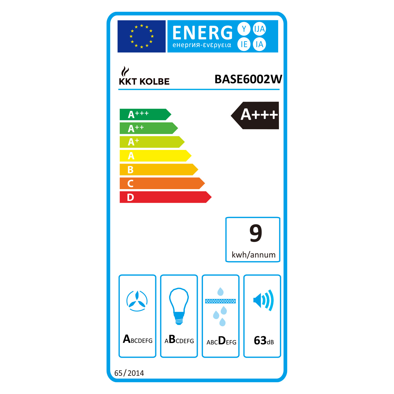Etichetta energetica UE per KKT Kolbe BASE6002W con classe A+++ e 9 kWh all'anno.