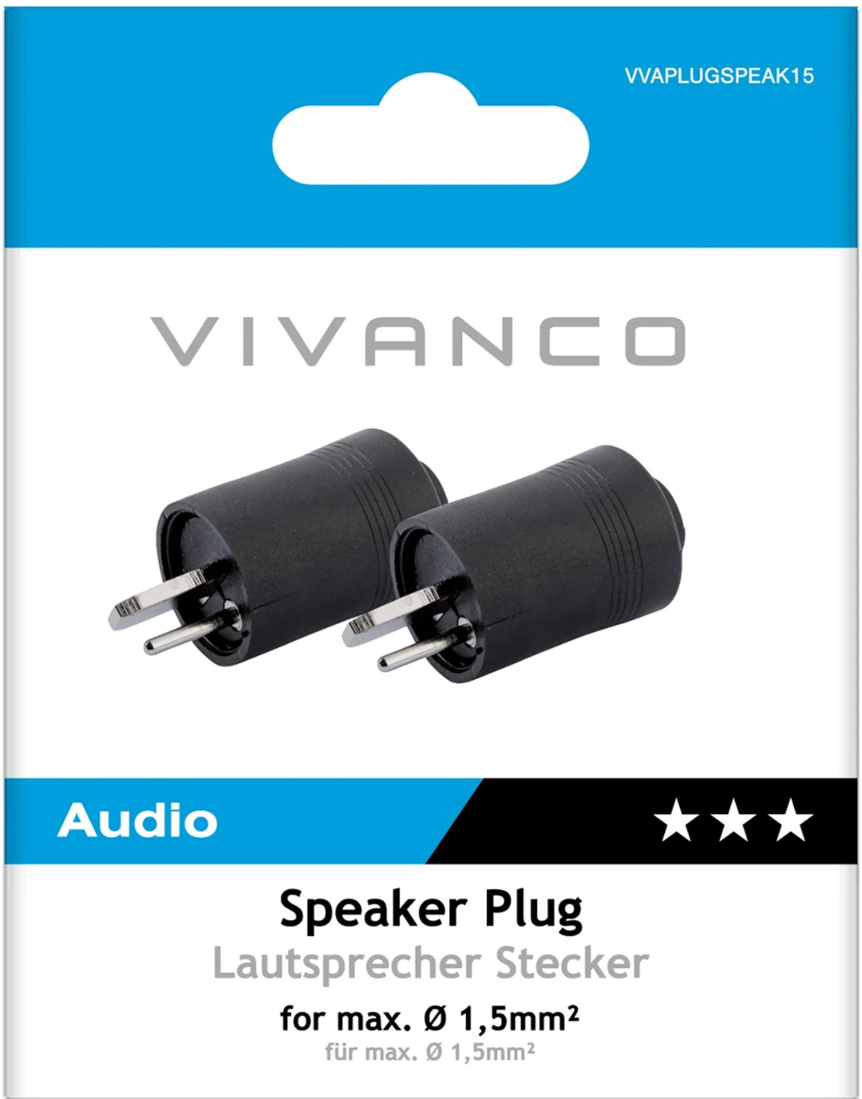 Embalaje con dos clavijas de altavoz Vivanco negras para cables de hasta 1,5 mm².