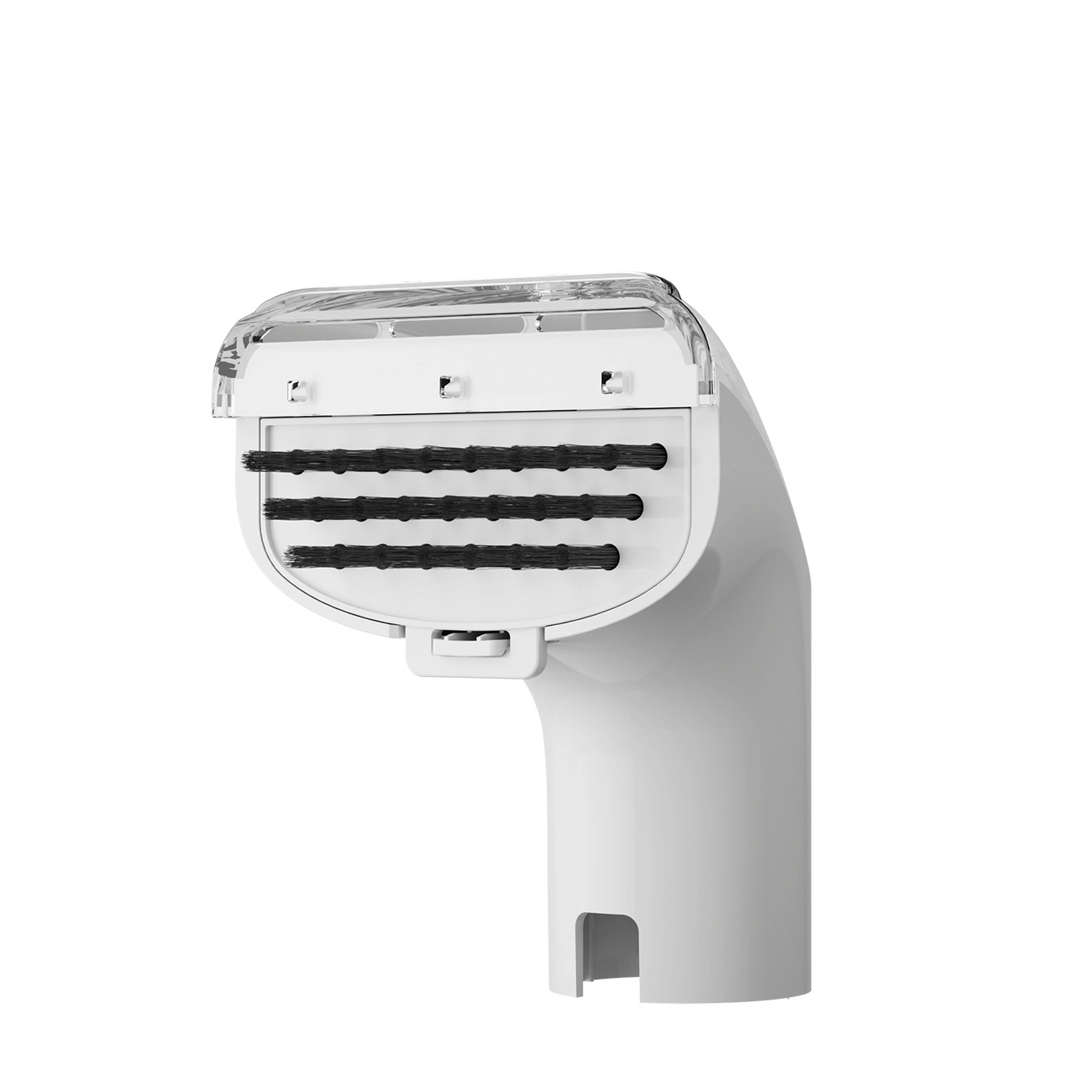 Accessorio bianco per diffusore di vapore con tre file di setole nere e coperchio in plastica trasparente.