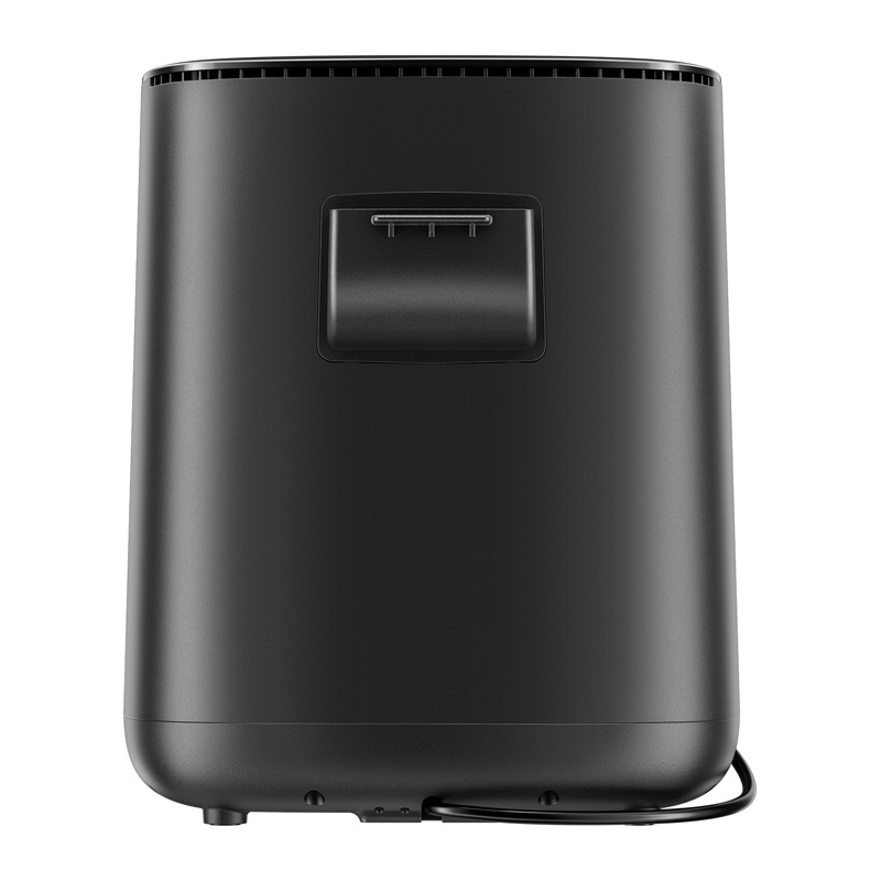 Retro di un dispositivo elettrico nero con prese d'aria superiori, una maniglia e un cavo.