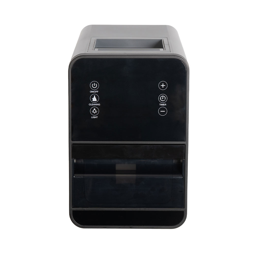 Ein schwarzer automatischer Futterautomat mit Touch-Tasten vorne und einem transparenten Behälter unten.