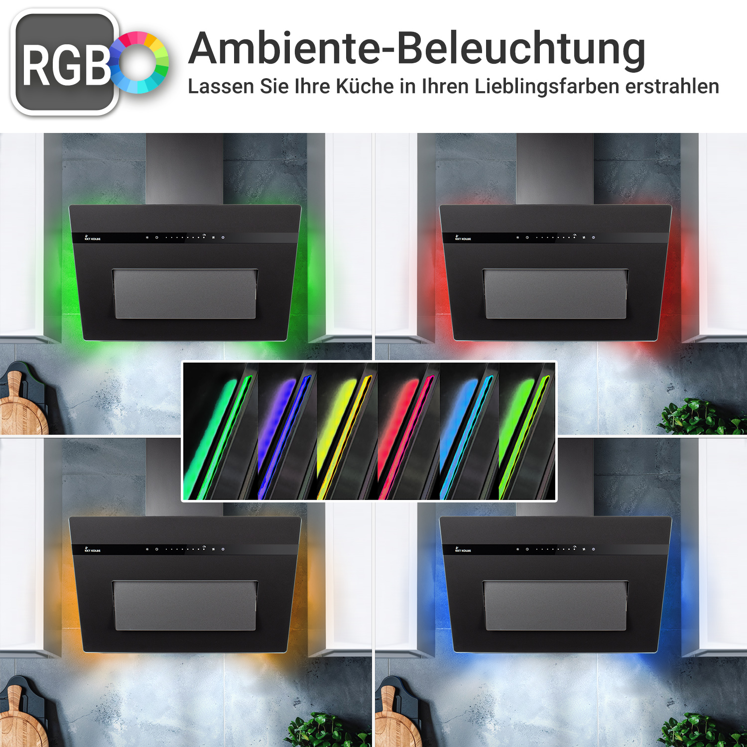 Illuminazione ambientale RGB per cappe da cucina mostrata in vari colori vivaci come verde, rosso, arancione e blu.