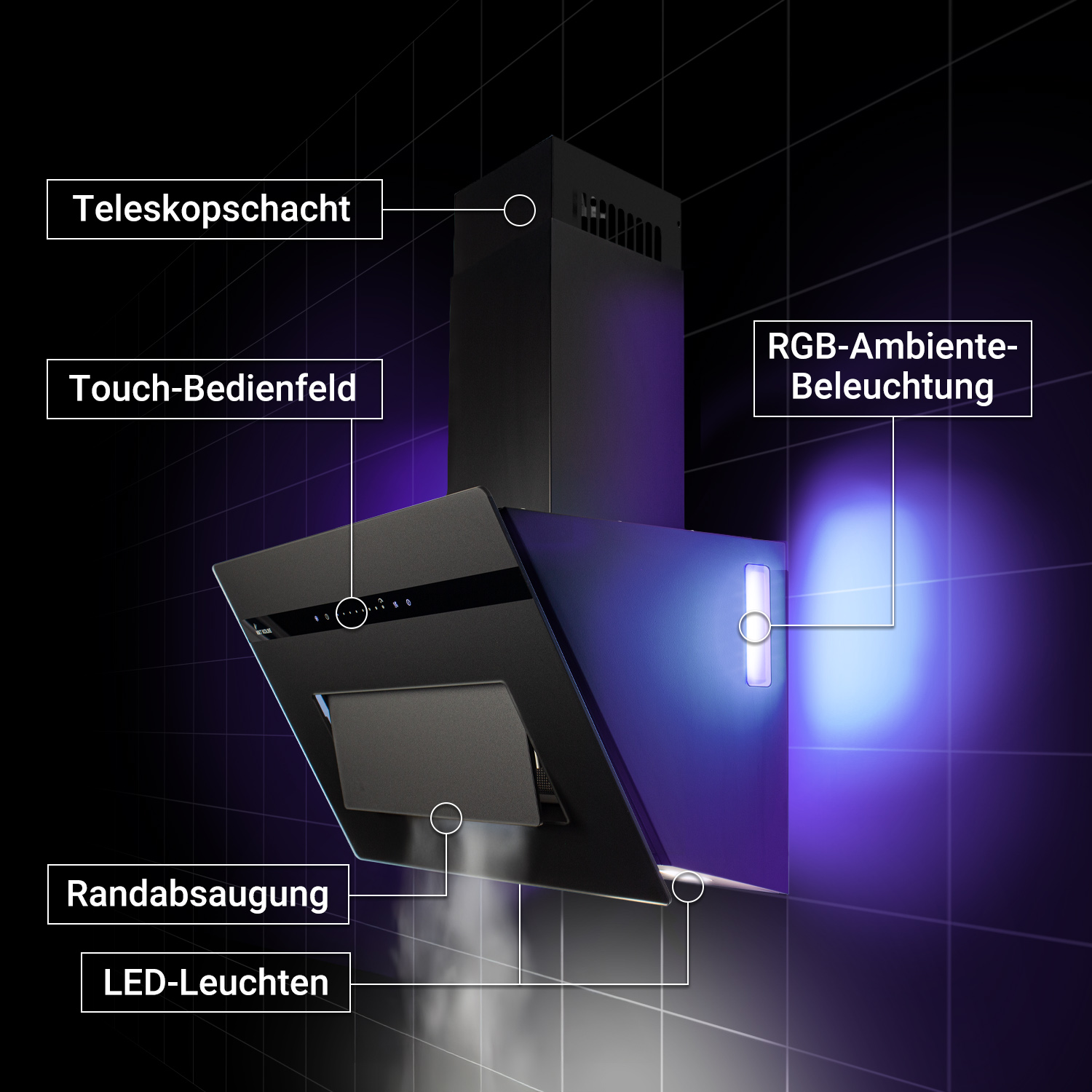 Moderna cappa aspirante nera con camino telescopico, pannello touch, illuminazione RGB, aspirazione perimetrale e LED.