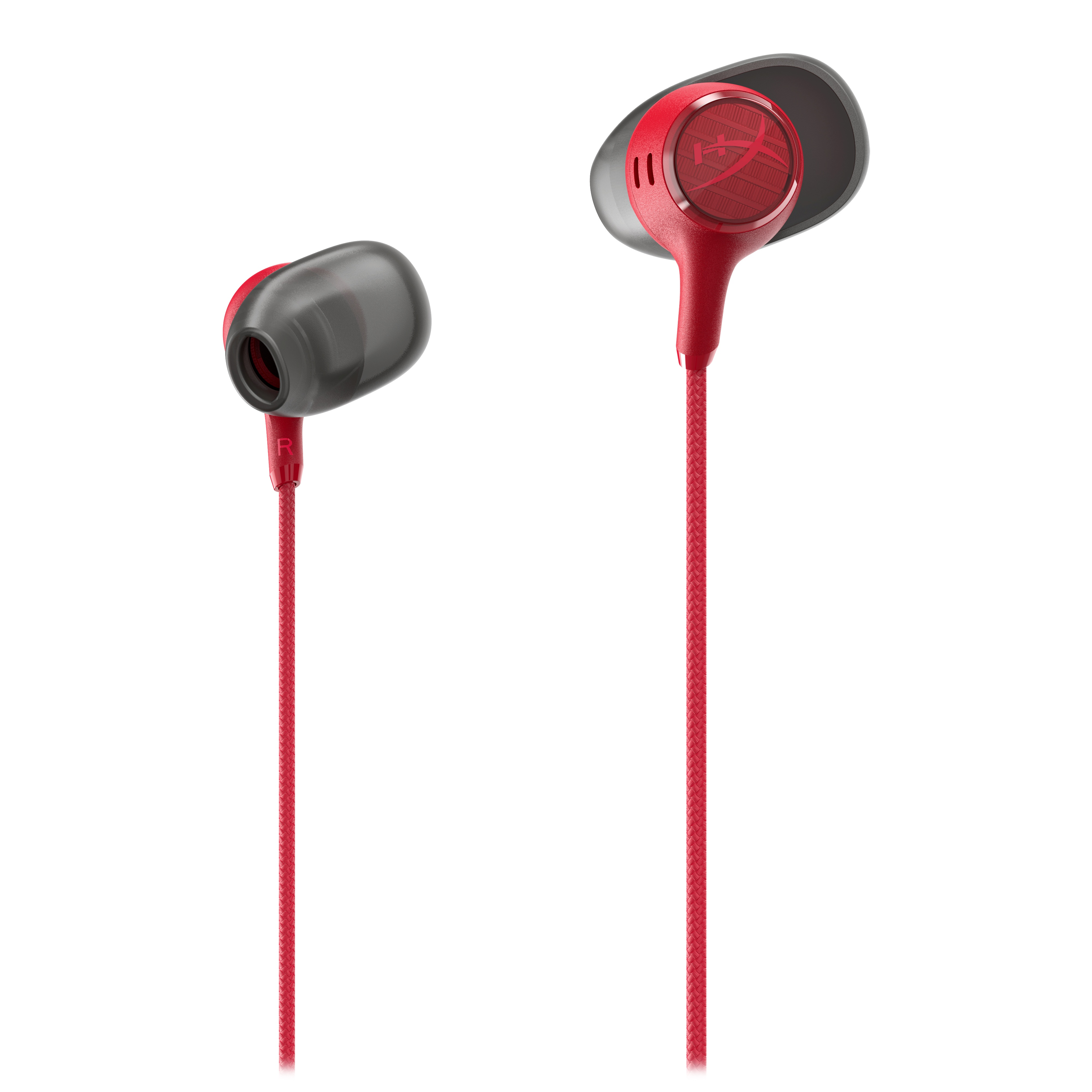 Rote und schwarze kabelgebundene In-Ear-Kopfhörer mit geflochtenen Kabeln auf weißem Hintergrund.
