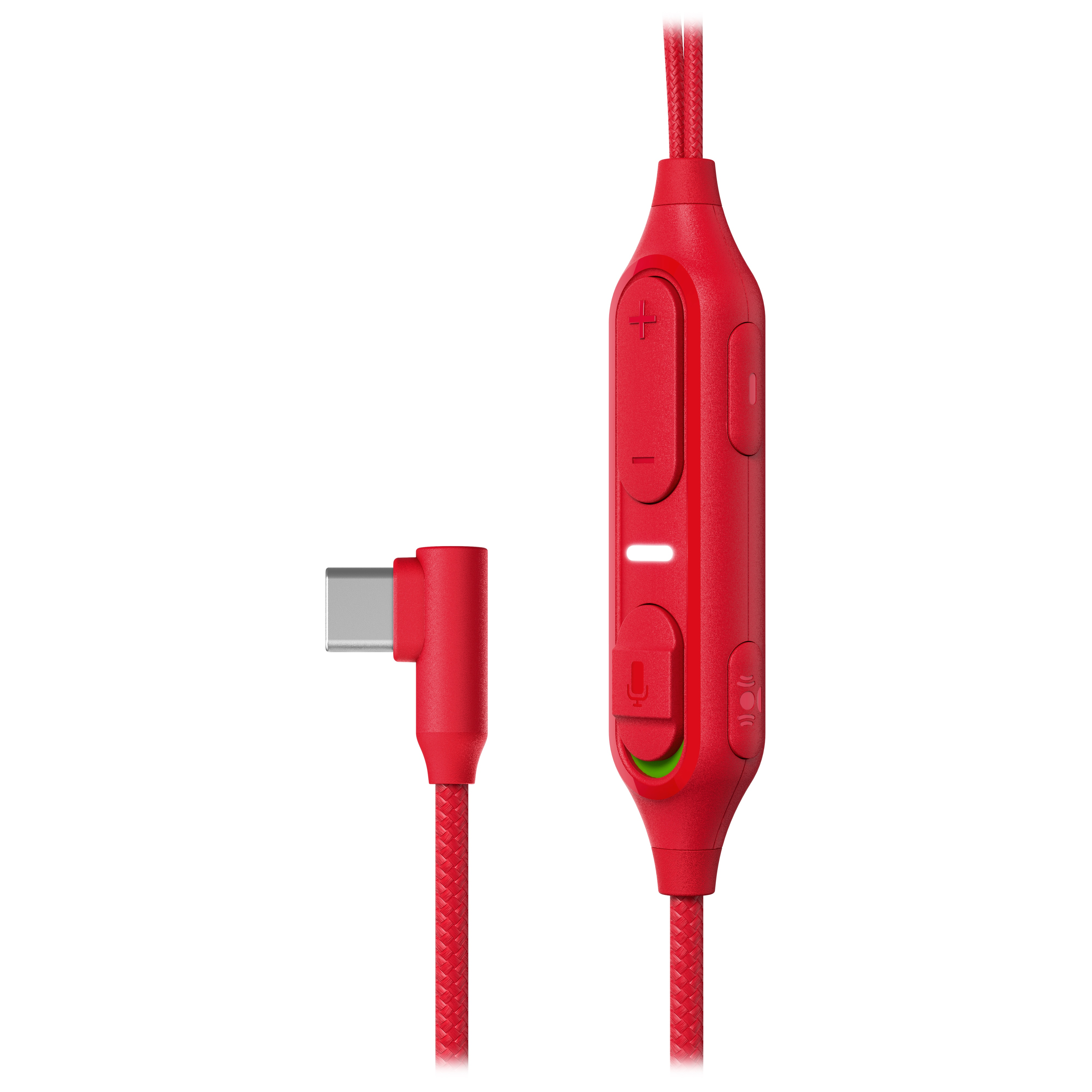 Ein rotes USB-C-Kabel mit integrierter Fernbedienung und rechtwinkligem Stecker.