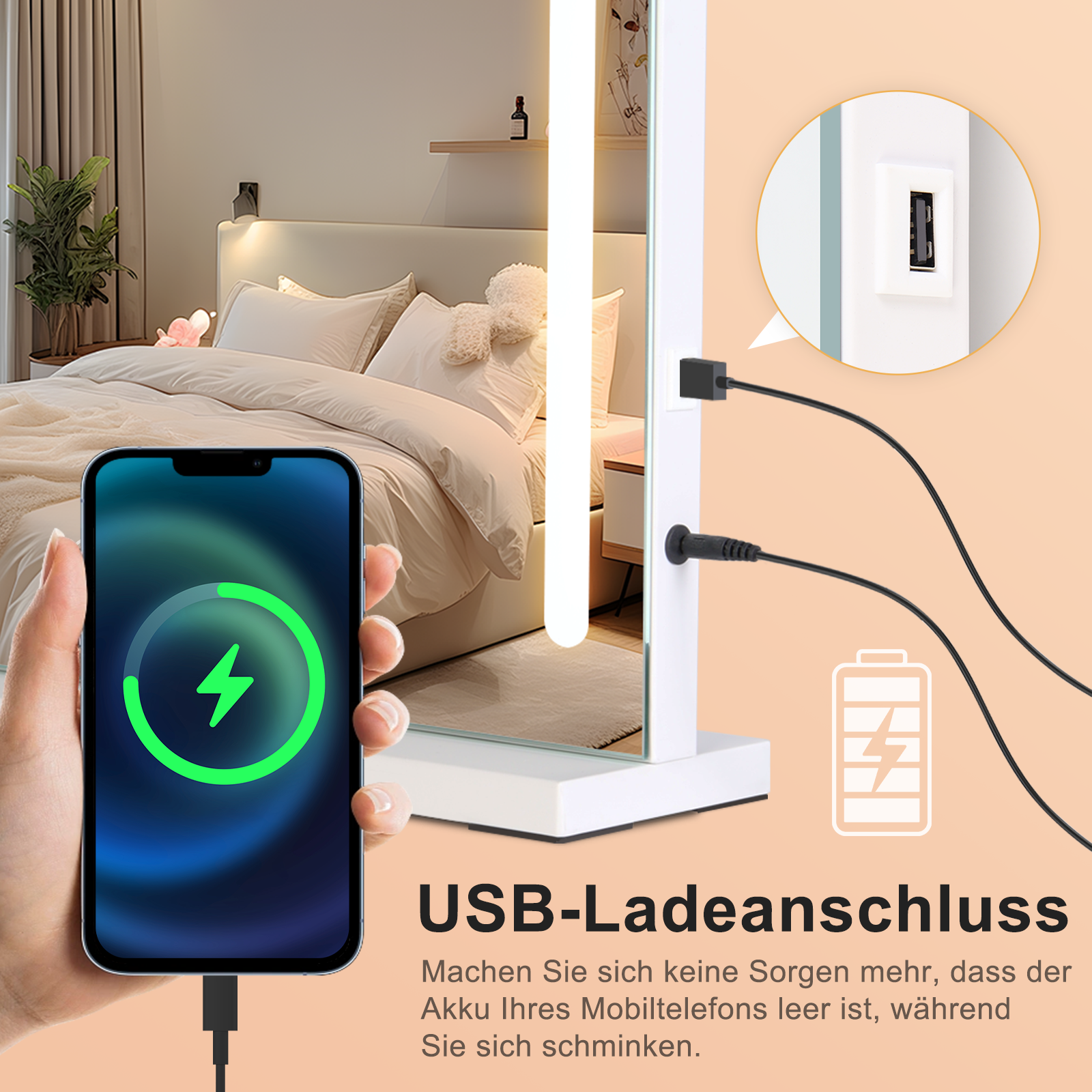 Un espejo iluminado carga un teléfono inteligente mediante un puerto USB lateral, con un dormitorio al fondo.