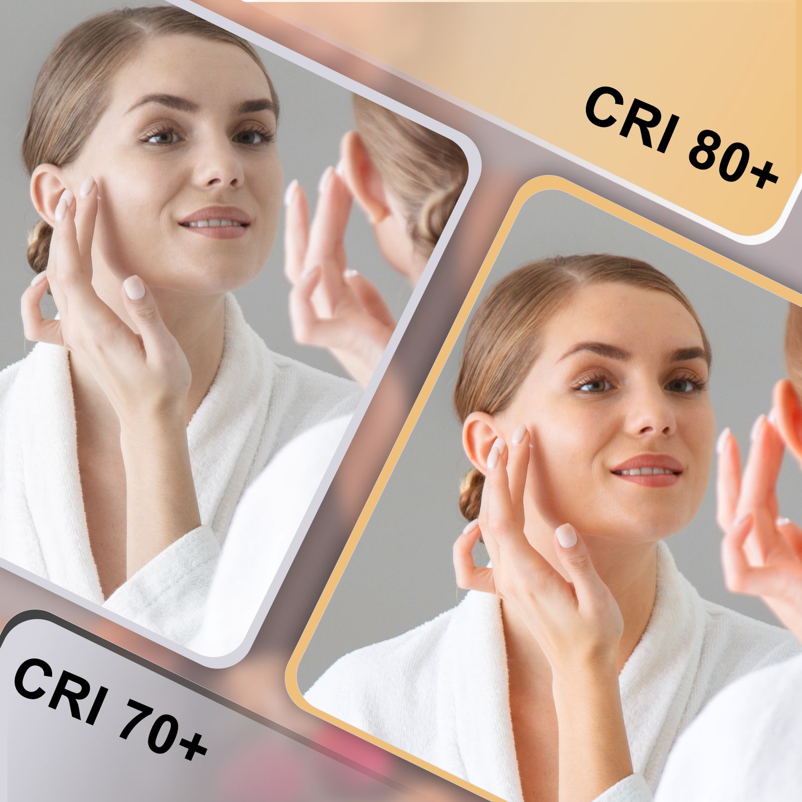 Comparación del tono de piel bajo iluminación CRI 70+ y CRI 80+.