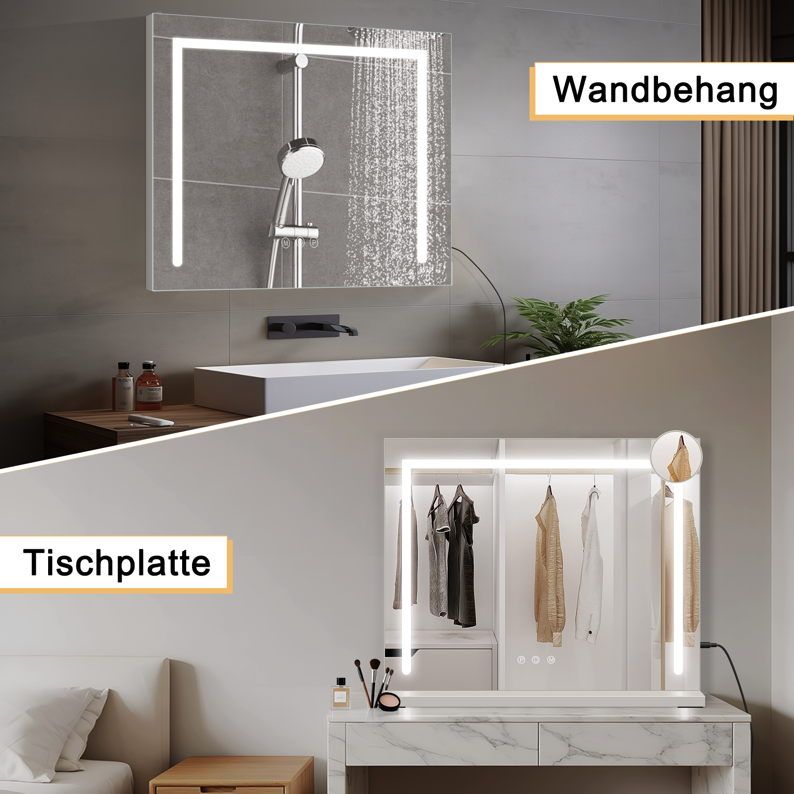 Espejo con luz LED mostrado montado en la pared en un baño y sobre una mesa.