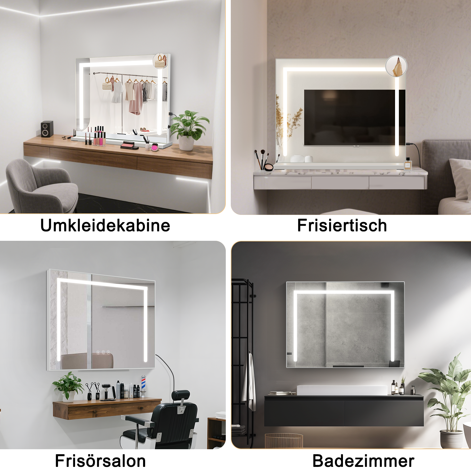 Cuatro imágenes muestran espejos LED en un vestidor, tocador, peluquería y baño.