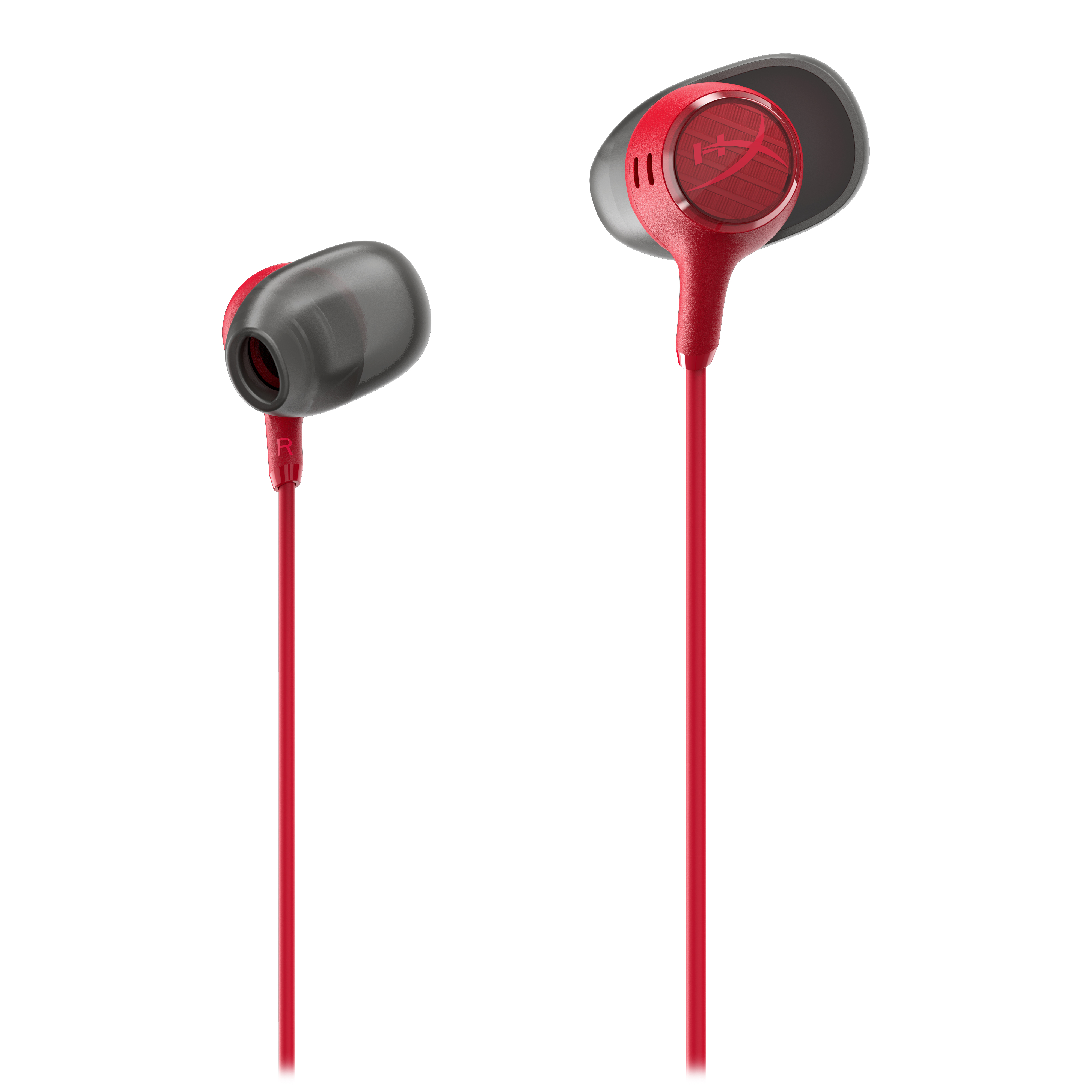 Rote In-Ear-Kopfhörer mit schwarzen Silikon-Ohrstöpseln vor weißem Hintergrund.
