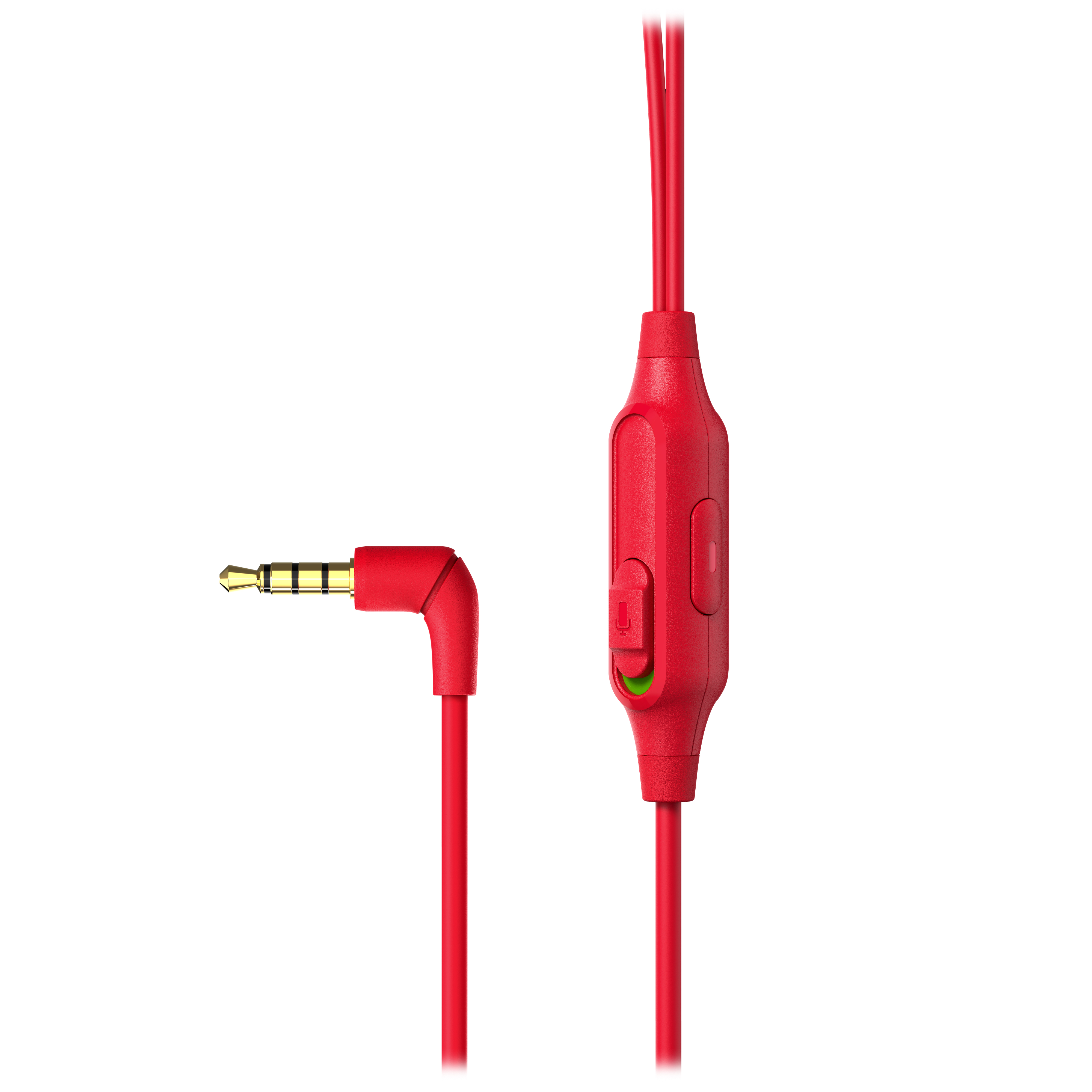 Rotes Audiokabel mit L-förmigem 3,5-mm-Klinkenstecker und In-Line-Mikrofon auf weißem Hintergrund.