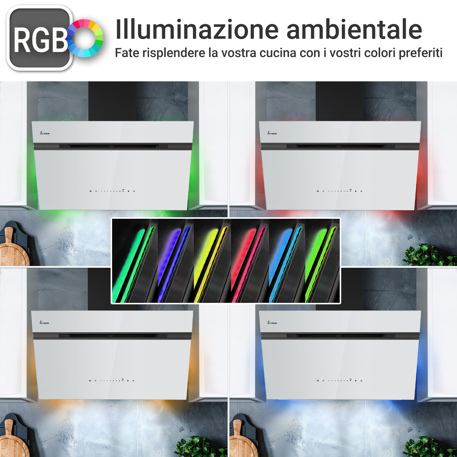 Cappa da cucina bianca con illuminazione RGB regolabile.