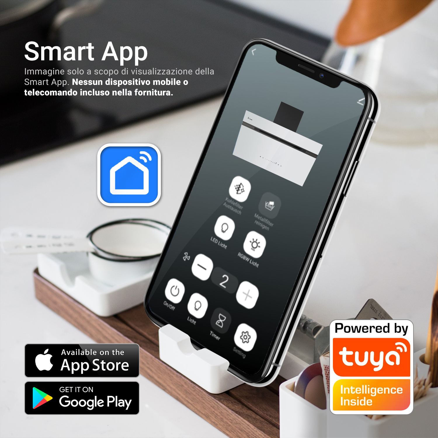 Smartphone su supporto mostra app per controllare una cappa da cucina con vari comandi.