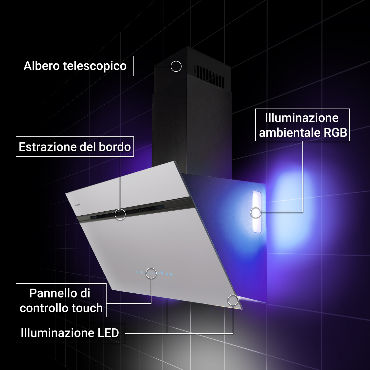 Moderna cappa aspirante su parete scura con illuminazione a LED ed etichette in italiano.