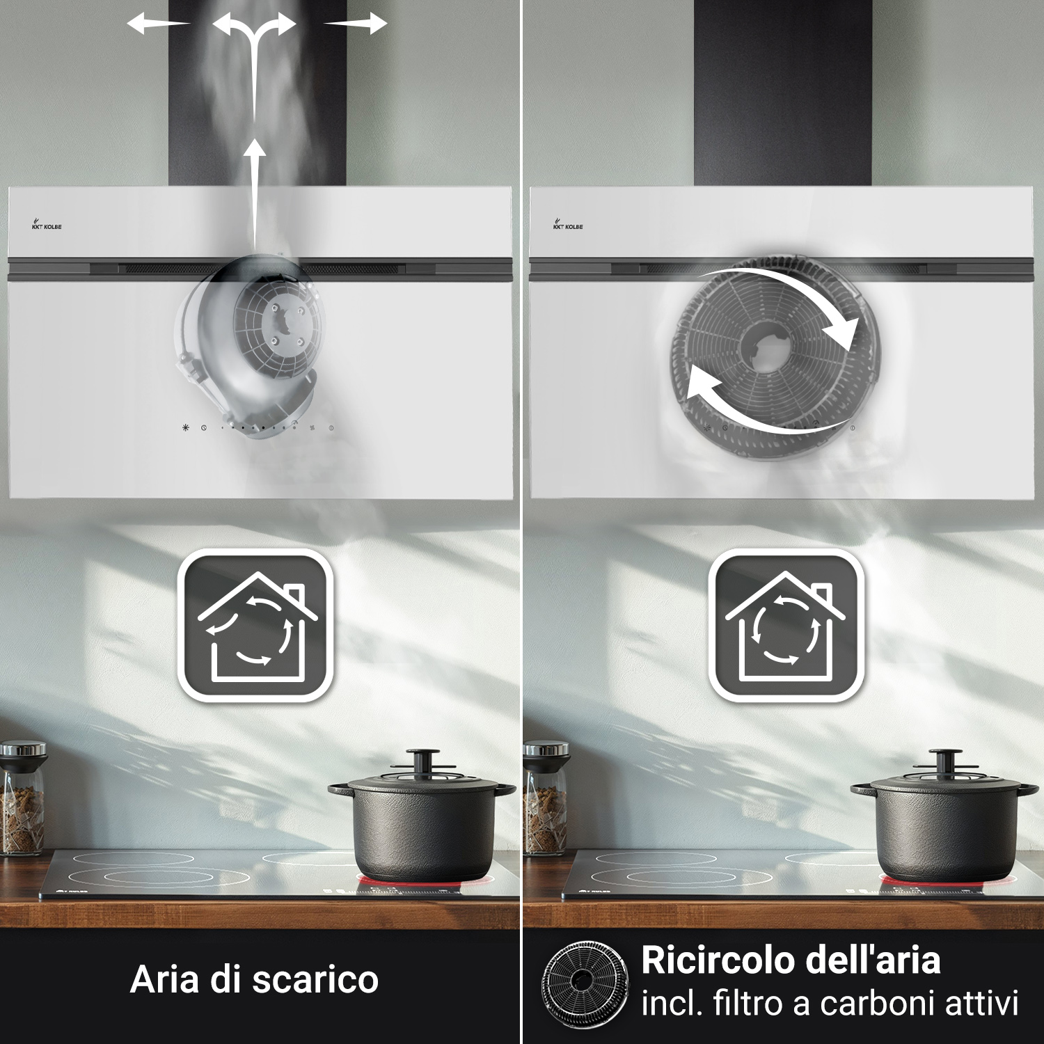 Confronto tra modalità di cappa: aspirazione con scarico esterno e ricircolo con filtro a carboni attivi.