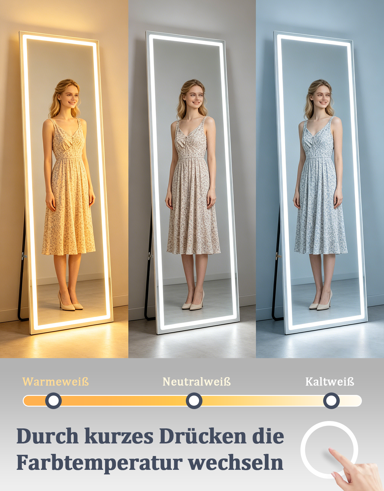 Espejo de cuerpo entero LED con tres temperaturas de color: cálida, neutra, fría.