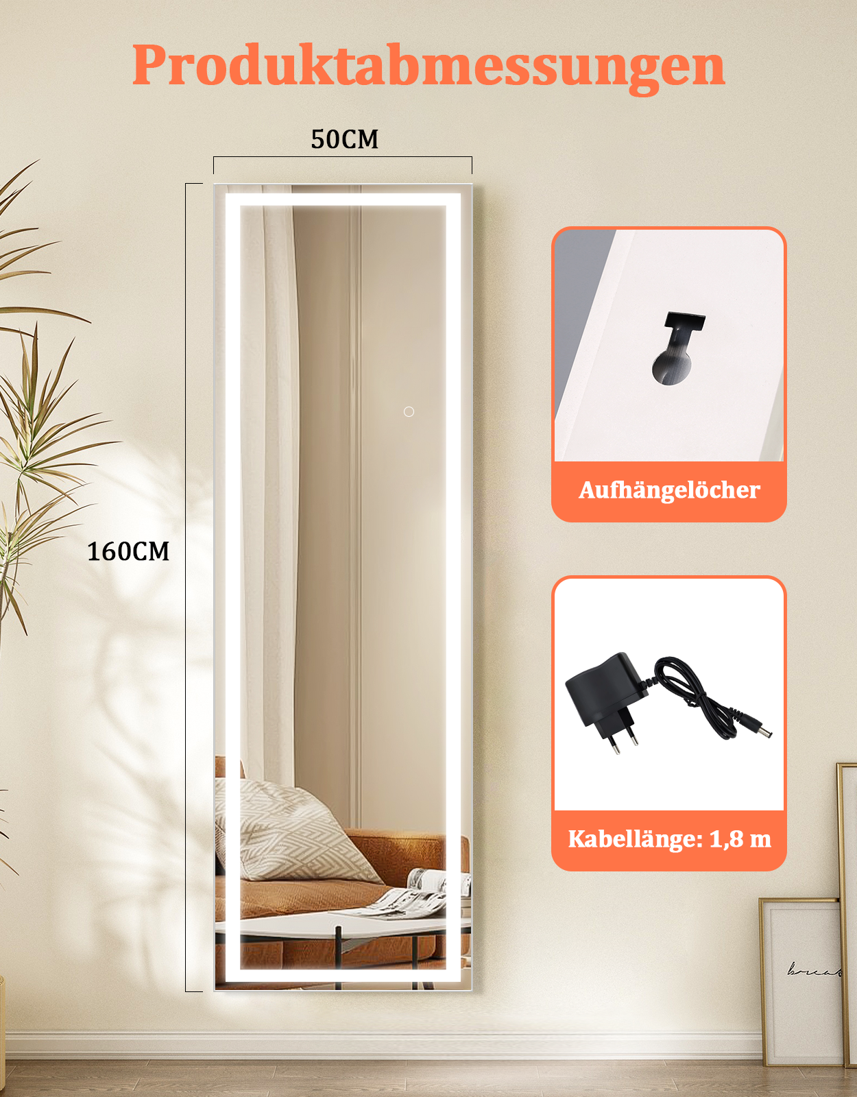 Espejo LED (160x50 cm) con dimensiones, agujeros y cable de 1.8m.
